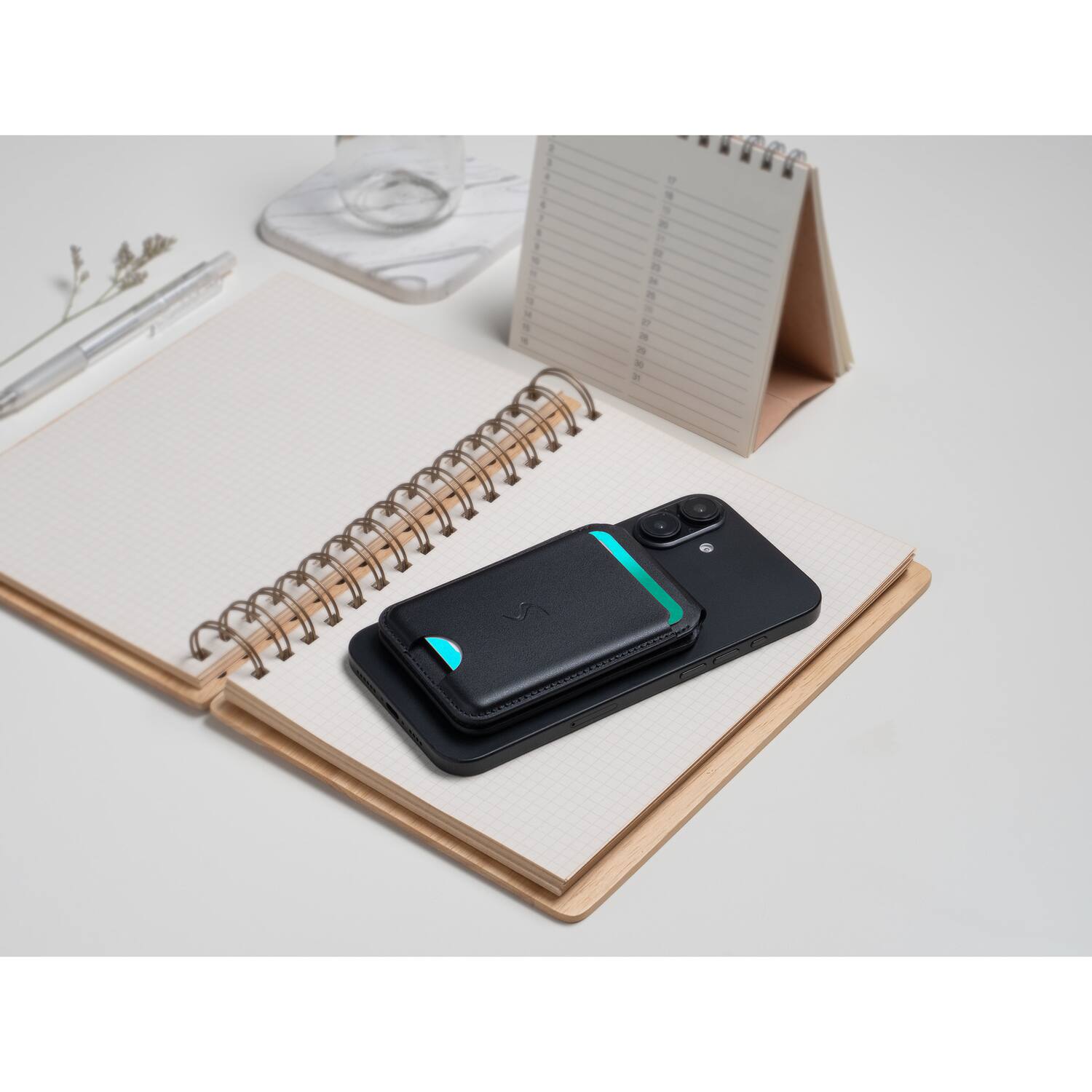 Angle. Scapade - MagCard Pro MagSafe Compatible Magnetic Card Holder Wallet with Kickstand, Apple Find My Tracker - Black.