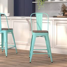 Emma + Oliver - 24"H Metal Counter Height Stool with Back and Wood Seat - Mint Green