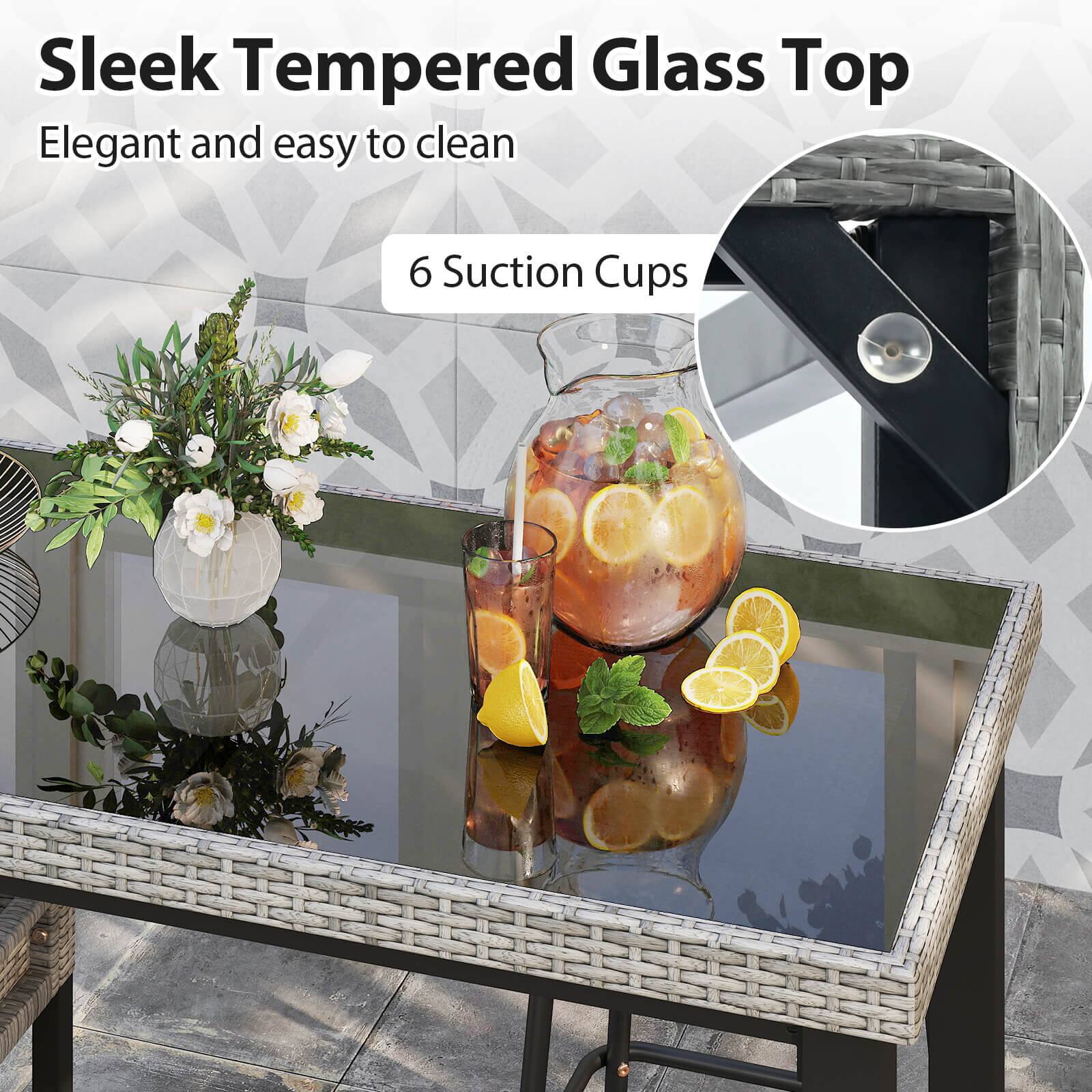 Sleek Tempered Glass Top, Elegant and easy to clean, 6 Suction Cups