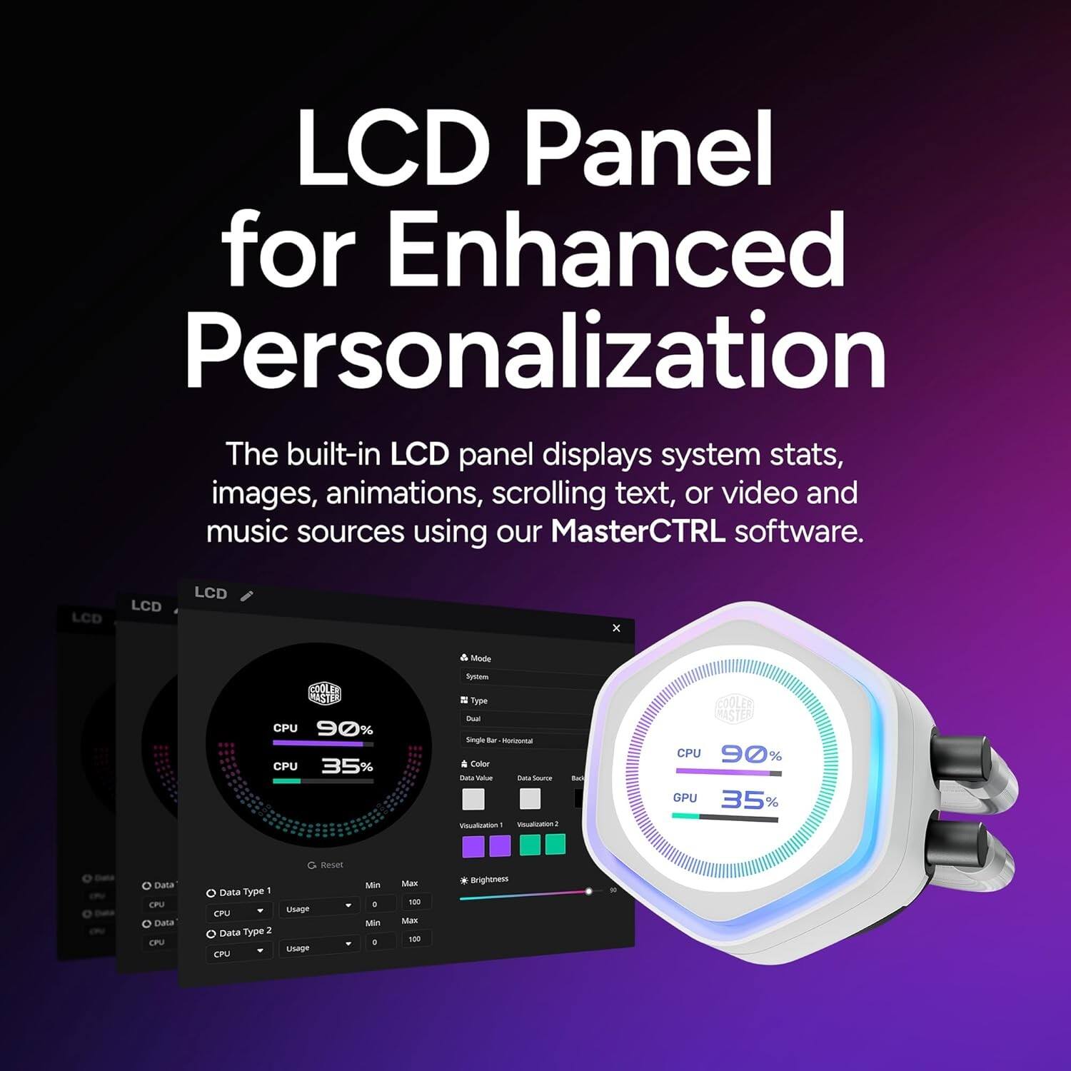 LCD Panel for Enhanced Personalization

The built-in LCD panel displays system stats, images, animations, scrolling text, or video and music sources using our MasterCTRL software.

LCD LCD LCD
x a Modie Syctem
CPU 90% CPU 35%
= Tatm - Single a - Calor - -ue -b - Bu - - OOLET UASTE
CPU 90% GPU 35%
Data Cr Data Cr Data
Type 1 CPU Dana Type 2 CP Reset UsAge
uae Sus . -u . Ma - Man - Brighanes