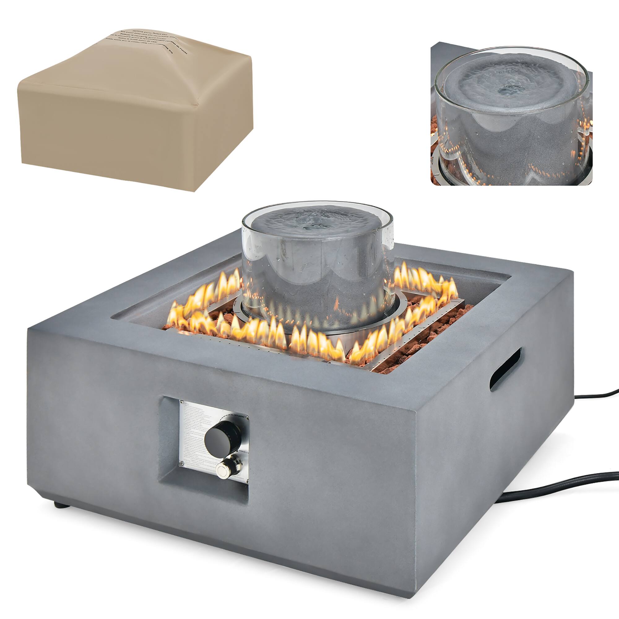 Costway - 28" Patio Fountain Fire Pit Table 50,000 BTU Square Propane Fire Pit withPVC Cover - Gray