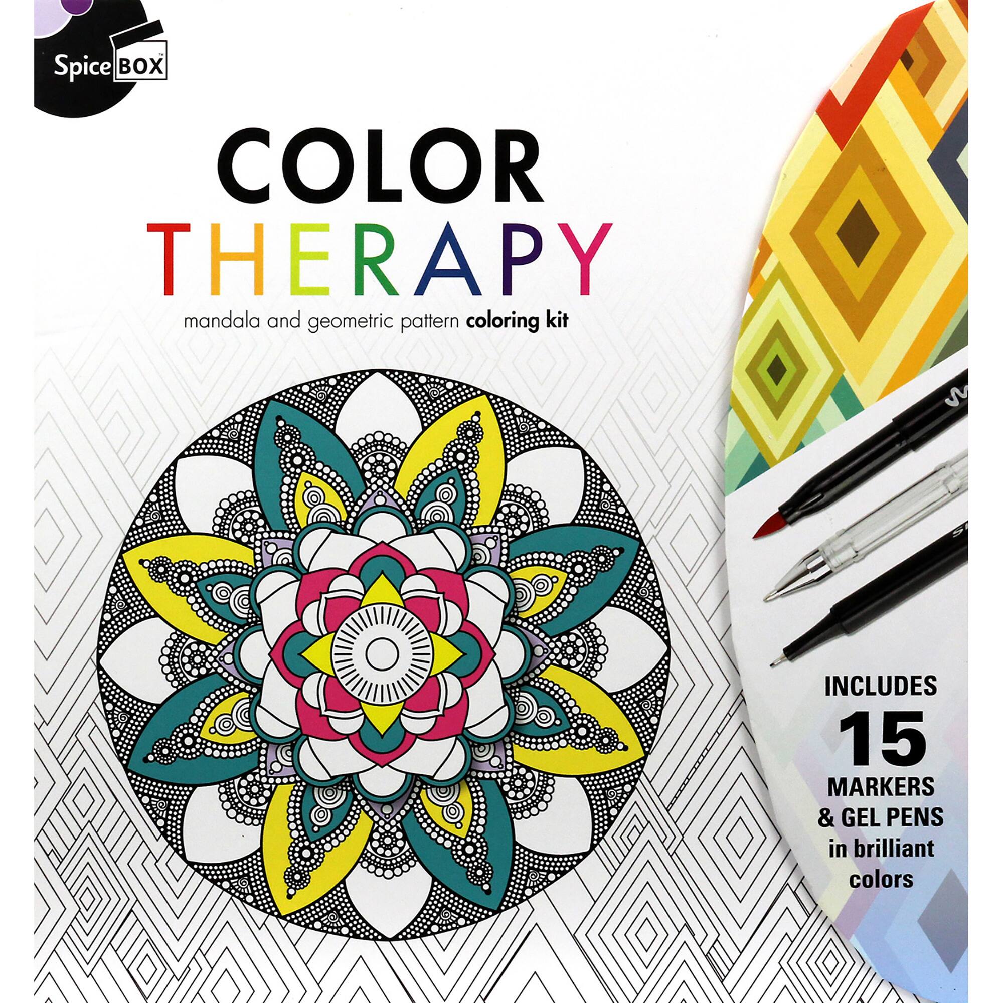 Spice Box Color Therapy mandala and geometric pattern coloring kit includes 15 markers and gel pens in brilliant colors.