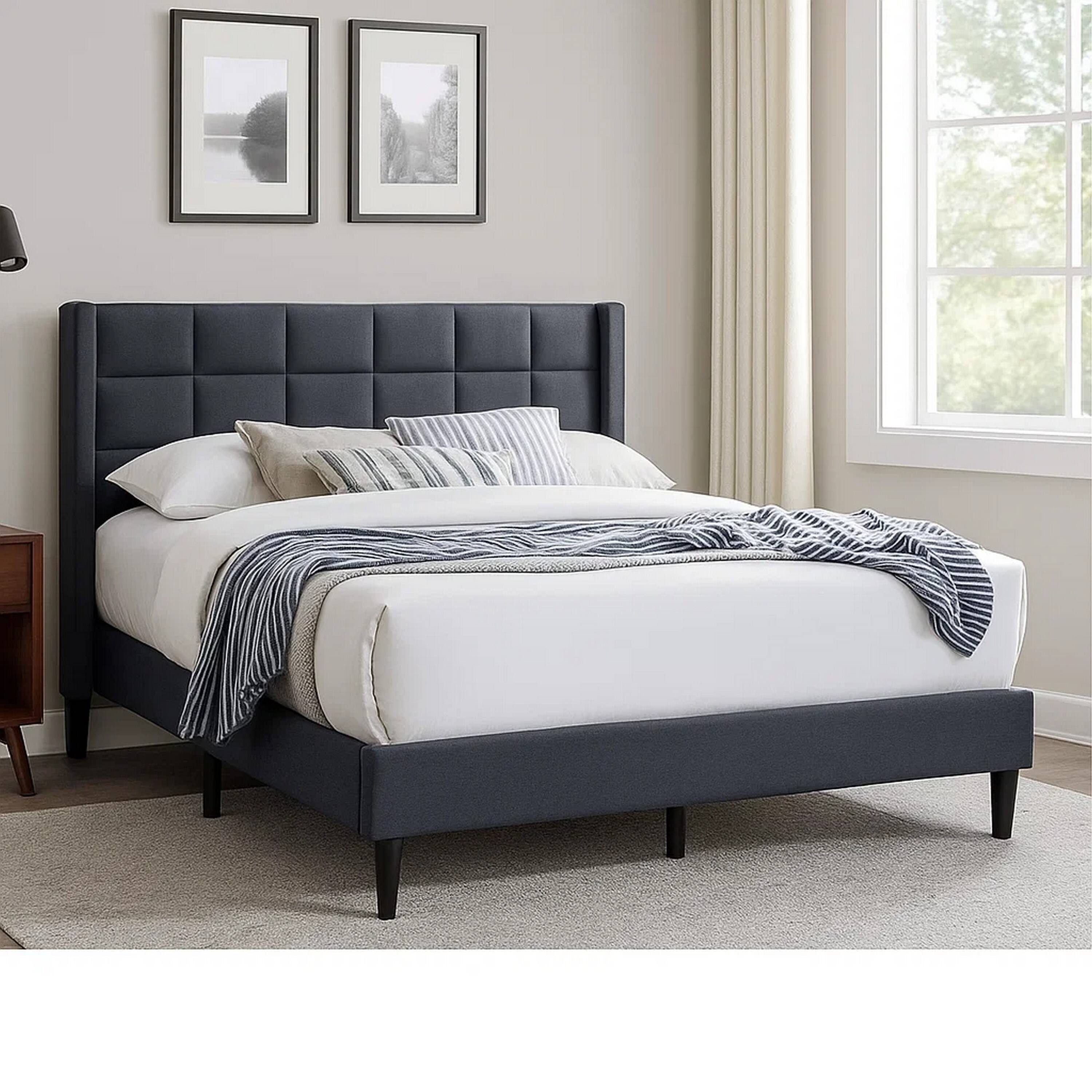 Alt View 2. Manhattan Lane - Zensa Full Bed, Charcoal Gray Linen Upholstery, Padded Wing Headboard - Charcoal Gray, Black.