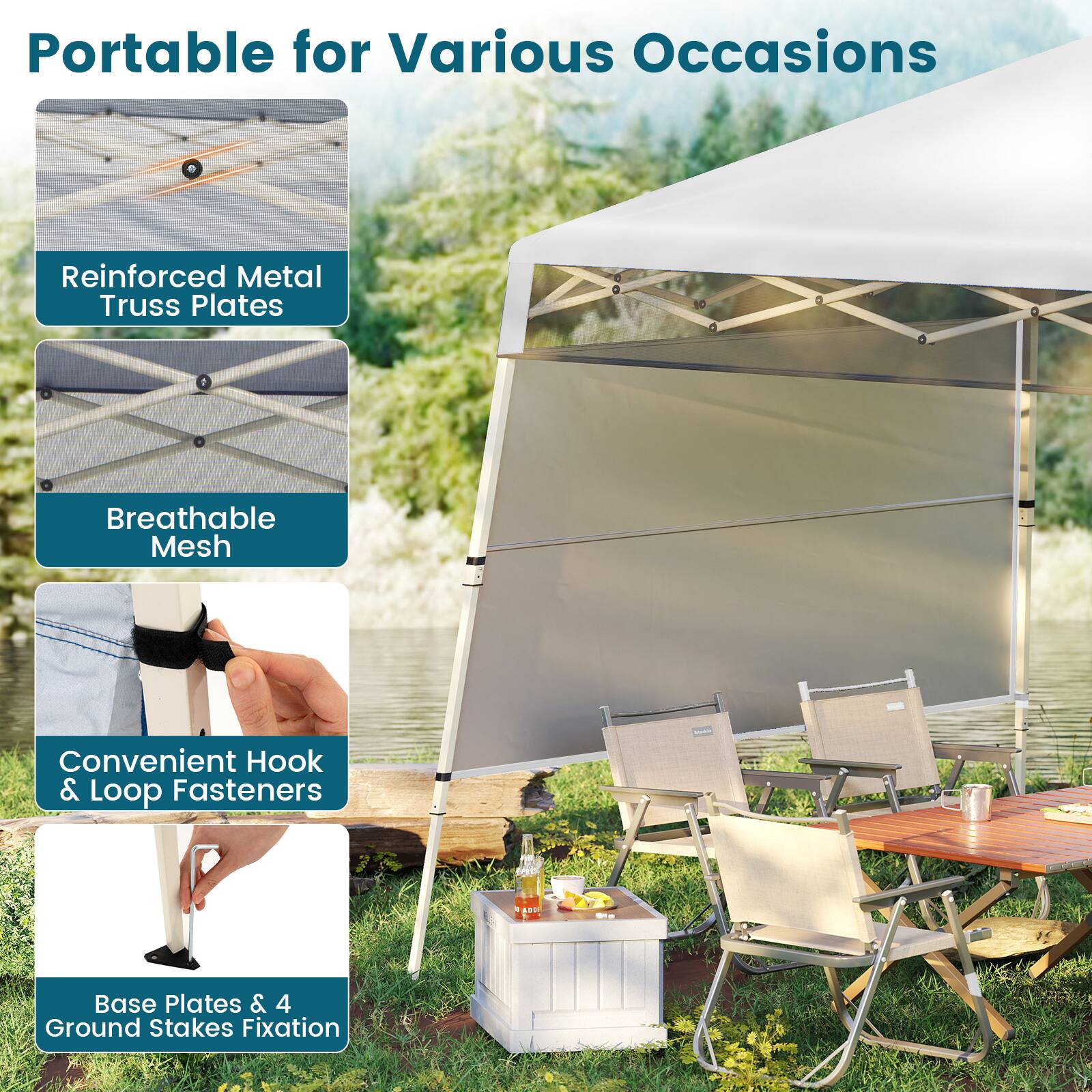 Portable for Various Occasions

- Reinforced Metal Truss Plates
- Breathable Mesh
- Convenient Hook & Loop Fasteners
- Base Plates & 4 Ground Stakes Fixation