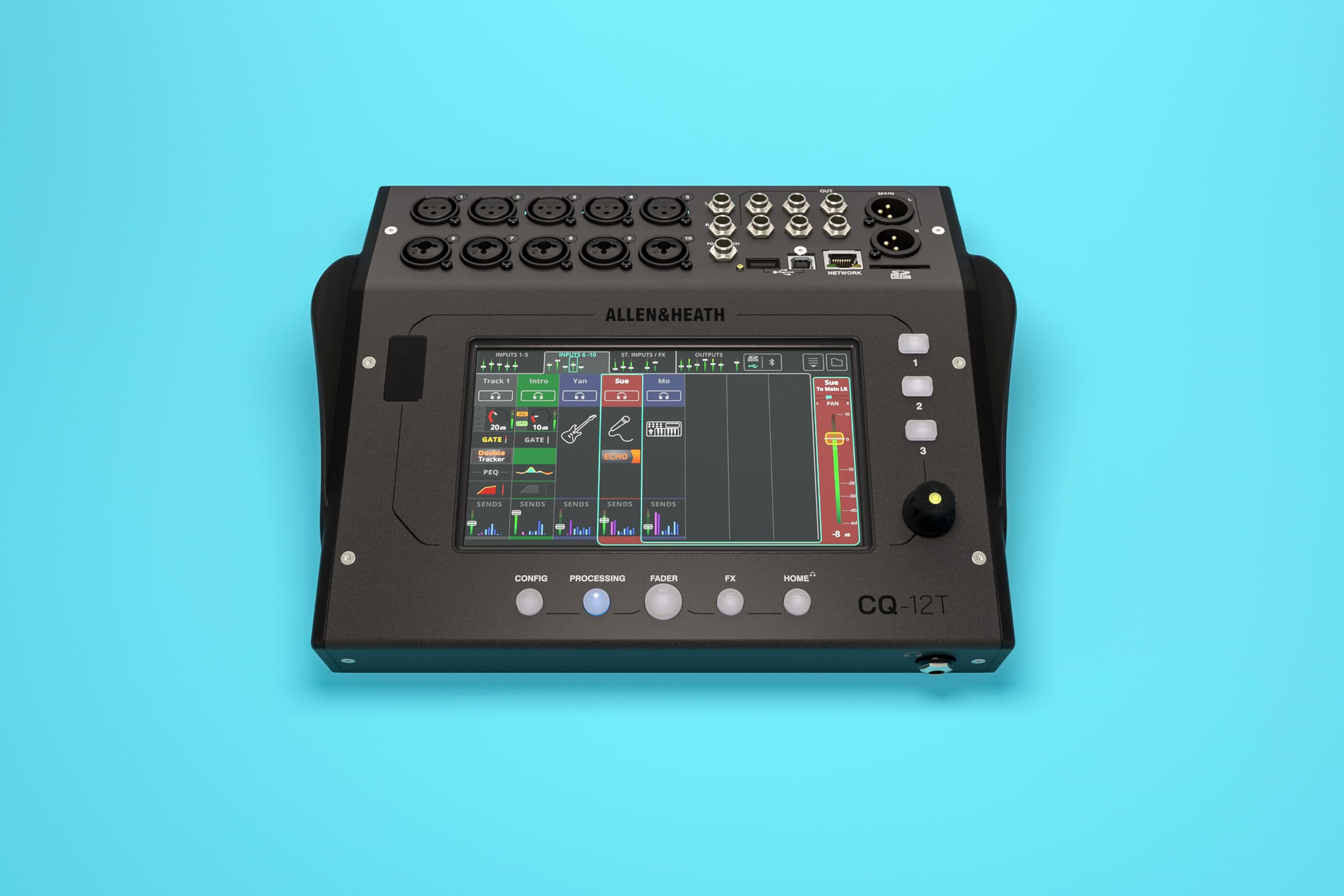 ALLEN&HEATH TS. NPORTEN +. - UTPUTS TTT 1T++ T 4 1 Track - inbre L - 10- SATE - SATE - - traker Tas . - ECHO MS T TEE duAm Sue - - - - - 2 3 PE I SENDS LENDS SENDS SENDS SENDS - CONFIG PROCESSING PADER FX HOME CQ-12T