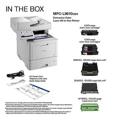 IN THE BOX

MFC-L9610CDN
Enterprise Color Laser All-in-One Printer

- 6,500-page black toner cartridge
- 5,000-page color toner cartridges
- DR810CL 100,000-page drum unit
- AC Power Cord
- Telephone Line Cord
- Quick Setup Guide
- BUBCOCL 150,000-page belt unit
- WT800CL 100,000-page waste toner box

1. Approximately 1 toner cartridge is installed in the machine.
2. Approximately 1 drum unit is installed in the machine.
3. Approximately 1 belt unit is installed in the machine.
4. Approximately 1 waste toner box is installed in the machine.
5. The power cord is installed in the machine.
6. The telephone line cord is installed in the machine.
7. The quick setup guide is included.