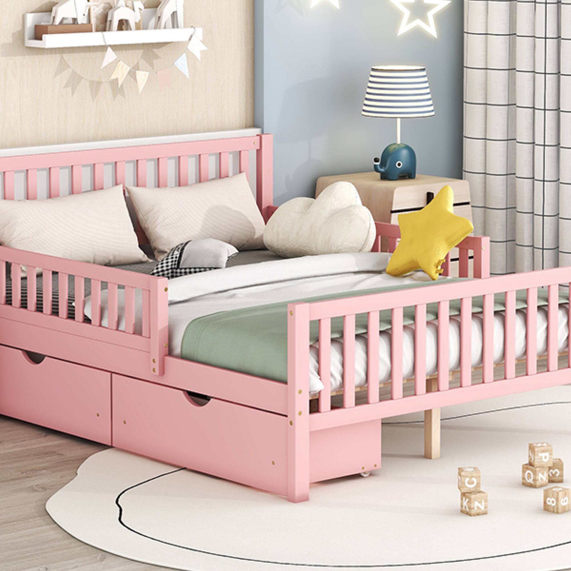 Alt View 10. GOODSILO - Full Size Wood Platform Bed with Guardrails, Storage Drawers, and Minimalist Headboard for Modern Bedrooms - Pink.