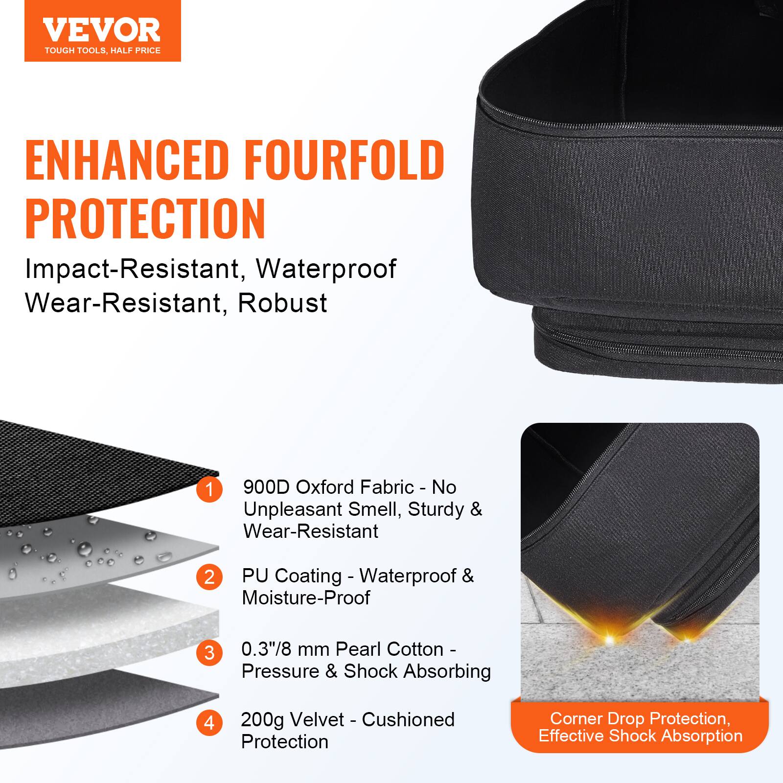 **VEVOR**  
TOUGH TOOLS, HALF PRICE

**ENHANCED FOURFOLD PROTECTION**  
Impact-Resistant, Waterproof, Wear-Resistant, Robust

1. **900D Oxford Fabric**  
   - No Unpleasant Smell, Sturdy & Wear-Resistant

2. **PU Coating**  
   - Waterproof & Moisture-Proof

3. **0.3"/8 mm Pearl Cotton**  
   - Pressure & Shock Absorbing

4. **200g Velvet**  
   - Cushioned Protection

**Corner Drop Protection, Effective Shock Absorption**