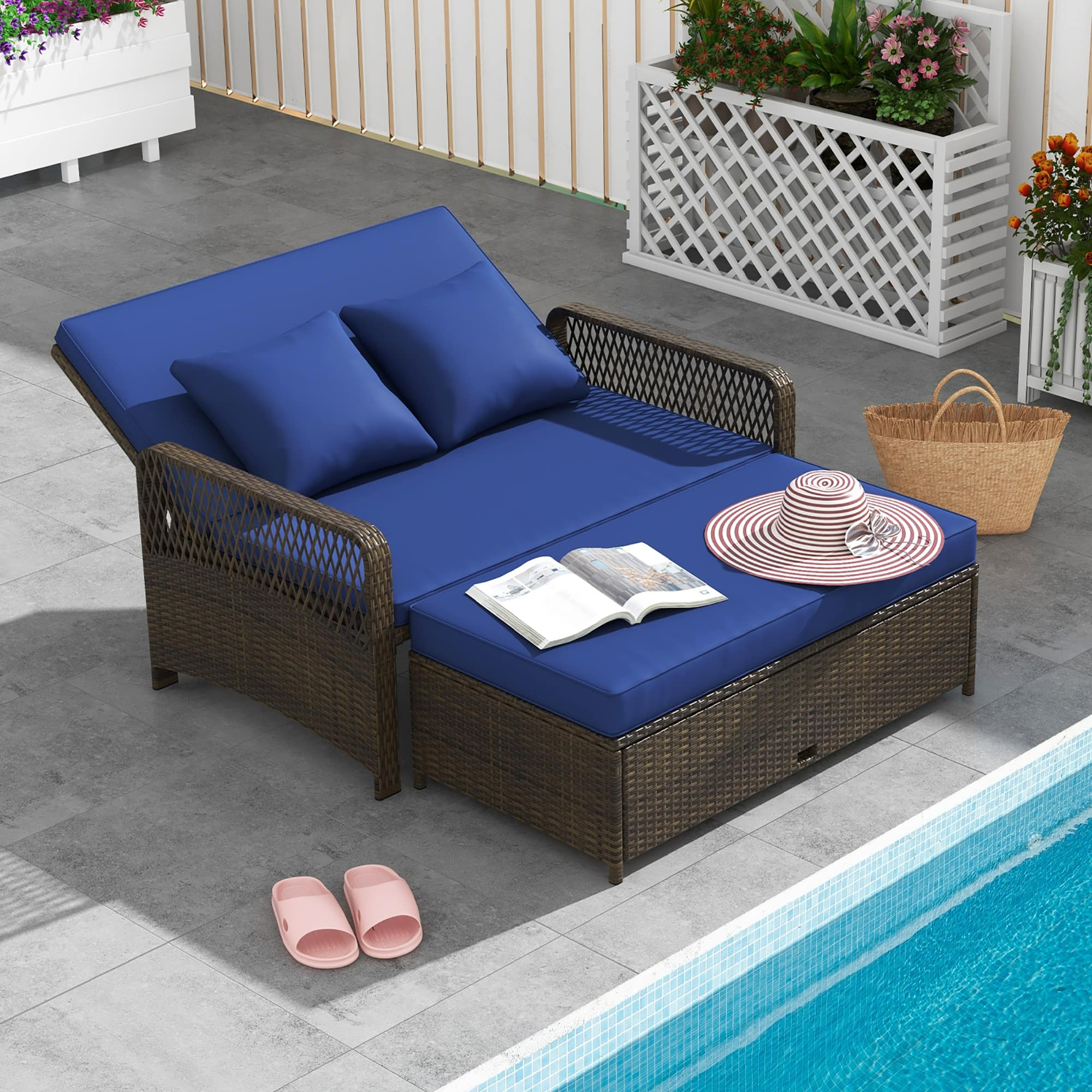 Gymax - Patio Rattan Daybed Wicker Loveseat Sofa w/ Multifunctional Ottoman - Navy