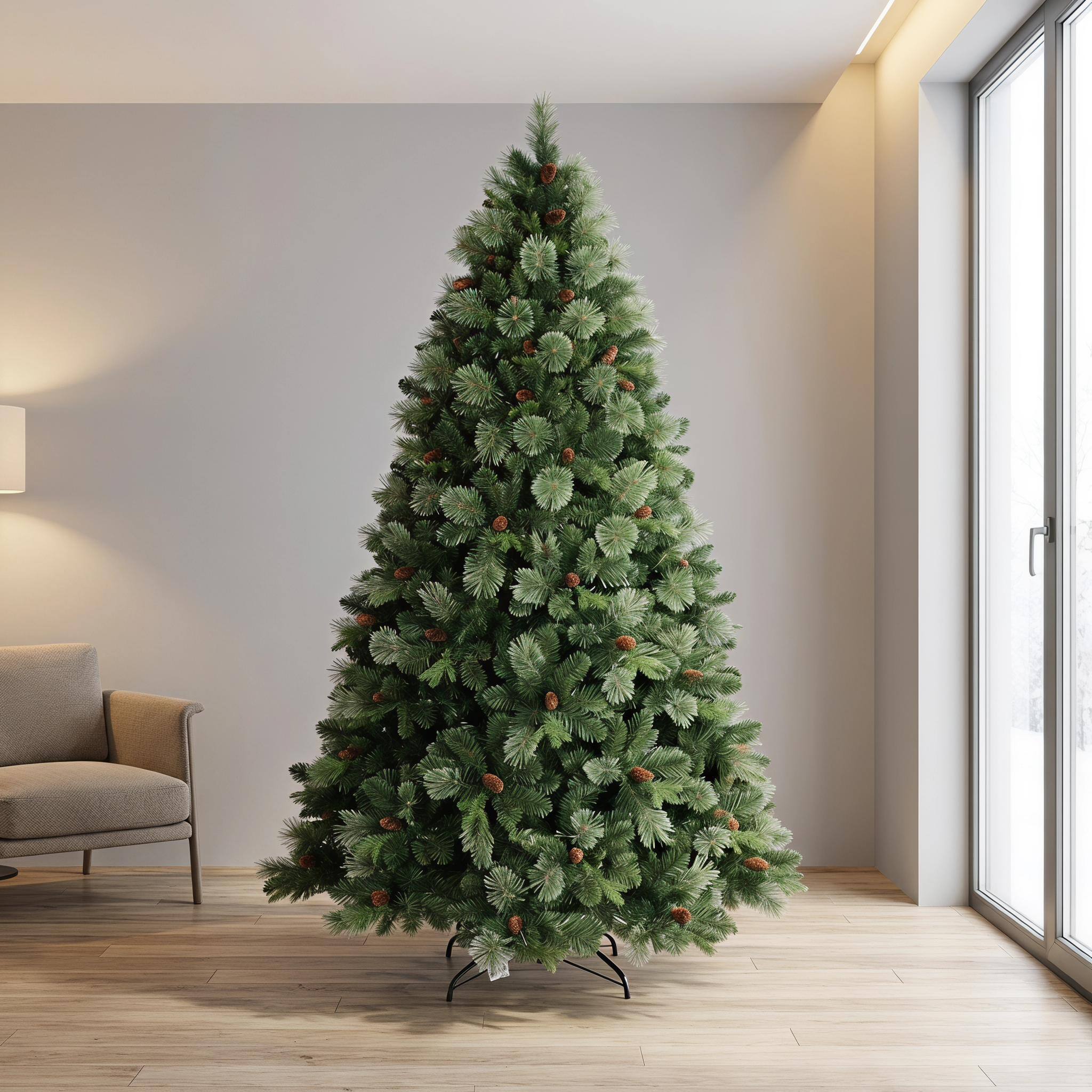 Alt View 7. Forest'nSky - 5 ft. Pre-Lit Artificial Christmas Tree with 647 Tips, 200 Warm White LED Lights, 43 Pine Cones - Green.