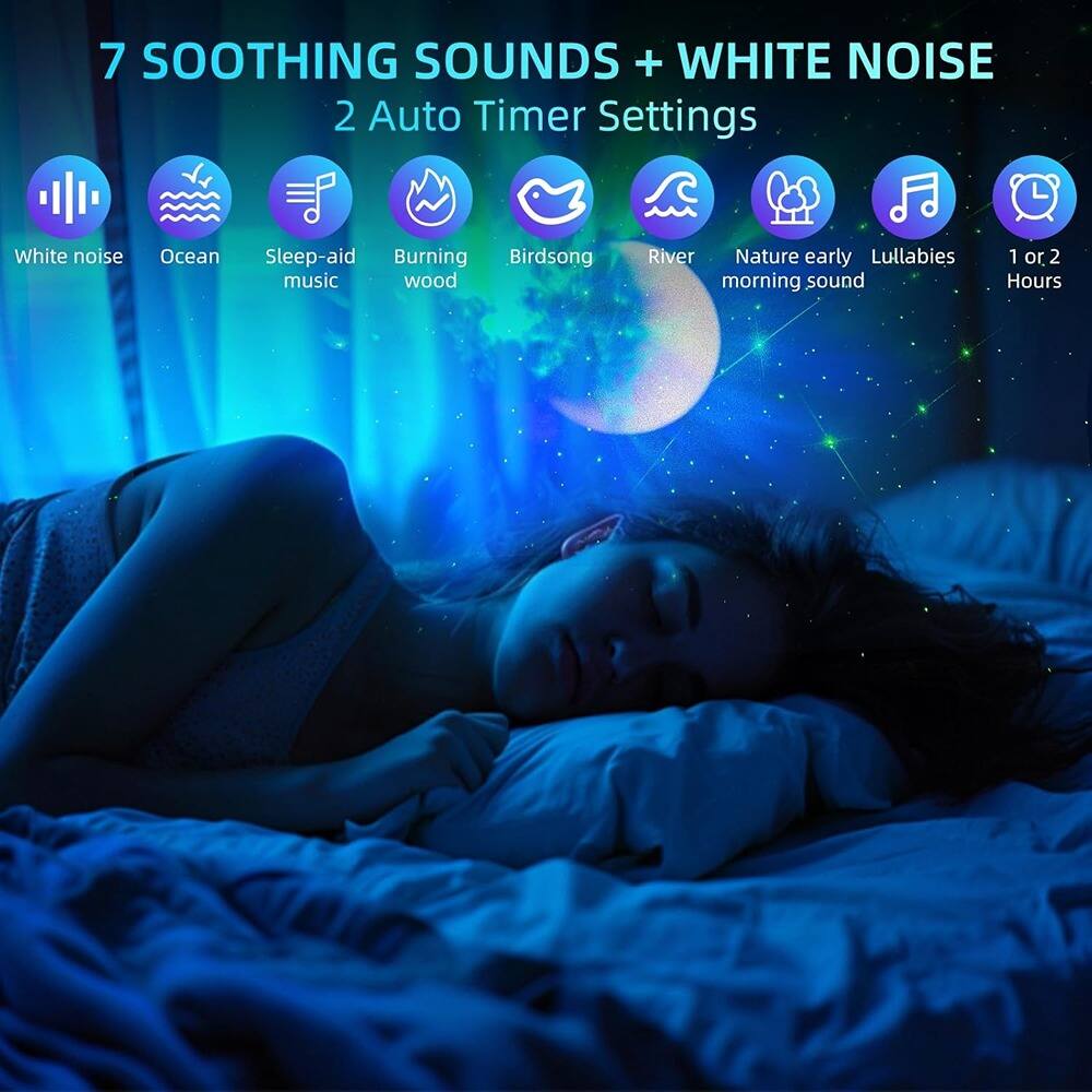 7 SOOTHING SOUNDS + WHITE NOISE  
2 Auto Timer Settings  

- White noise  
- Ocean  
- Sleep-aid music  
- Burning wood  
- Birds song  
- River  
- Nature early morning sound  
- Lullabies  
- 1 or 2 Hours