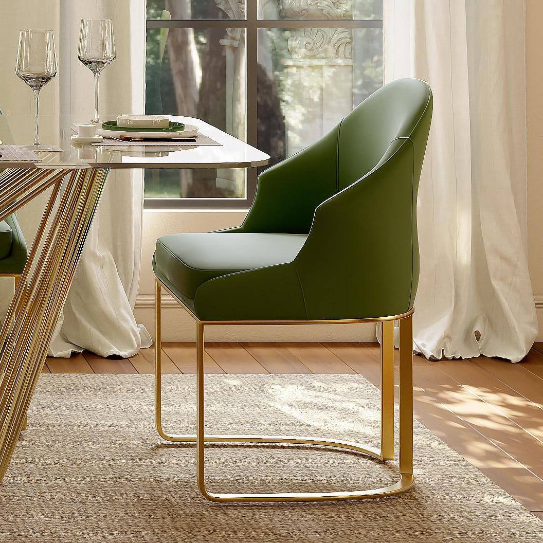 Back. POVISON - Modern Luxury Upholstered Green Dining Chairs Set of 2, Boucle Dining Chairs, Low Back Dining Chairs with Gold Legs - Green PU Leather.