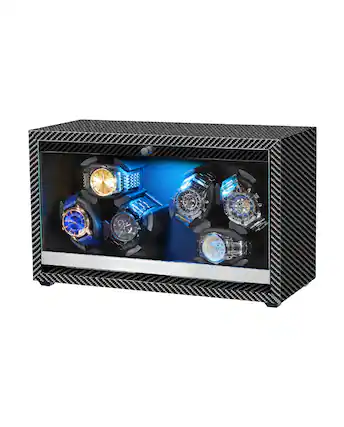 Front. Unique Bargains - Watch Winder 6 with LED and Super Quiet Motor, 4 Rotating Modes, Wooden Watch Storage Case with USB Cable - Black Carbon Fiber.