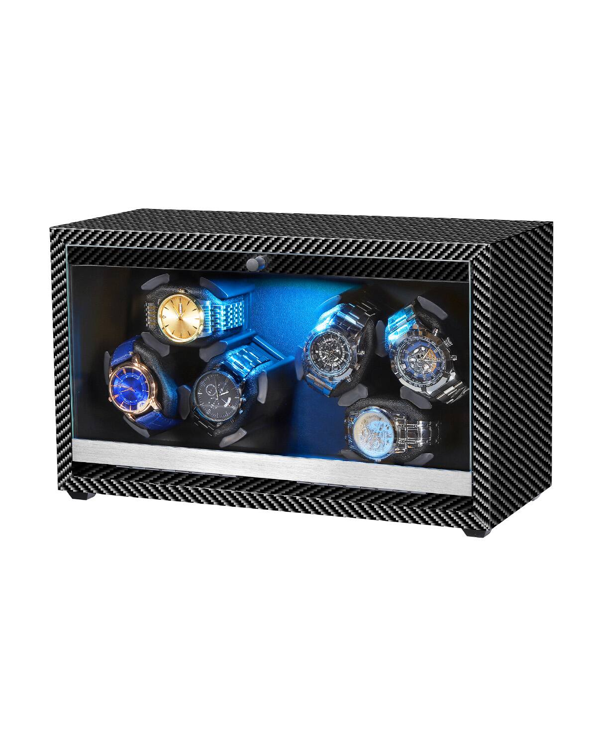 Front. Unique Bargains - Watch Winder 6 with LED and Super Quiet Motor, 4 Rotating Modes, Wooden Watch Storage Case with USB Cable - Black Carbon Fiber.