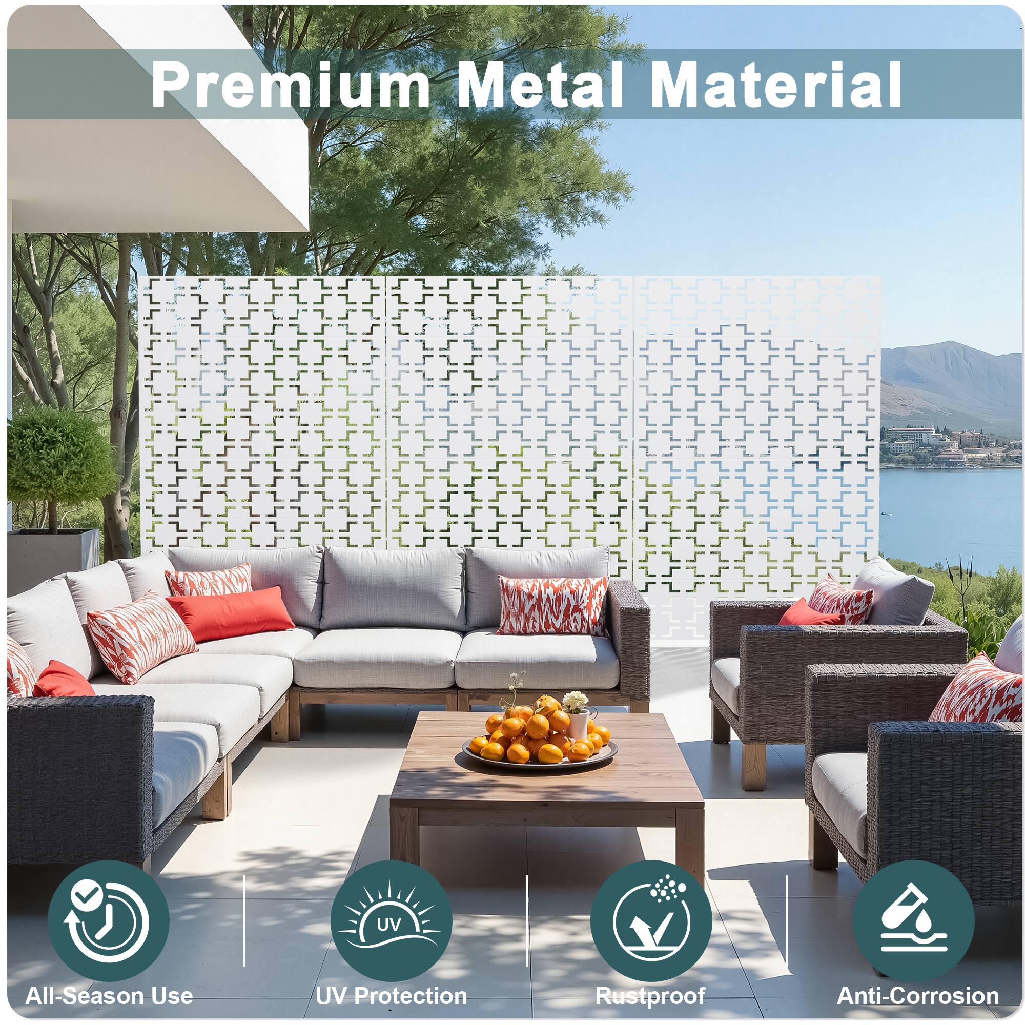 Premium Metal Material

- All-Season Use
- UV Protection
- Rustproof
- Anti-Corrosion