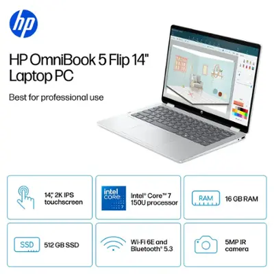 HP - OmniBook 5 Flip 2-in-1 14" 2K Touch-Screen Laptop - Intel Core 7 - 16GB Memory - 512GB SSD - Glacier Silver