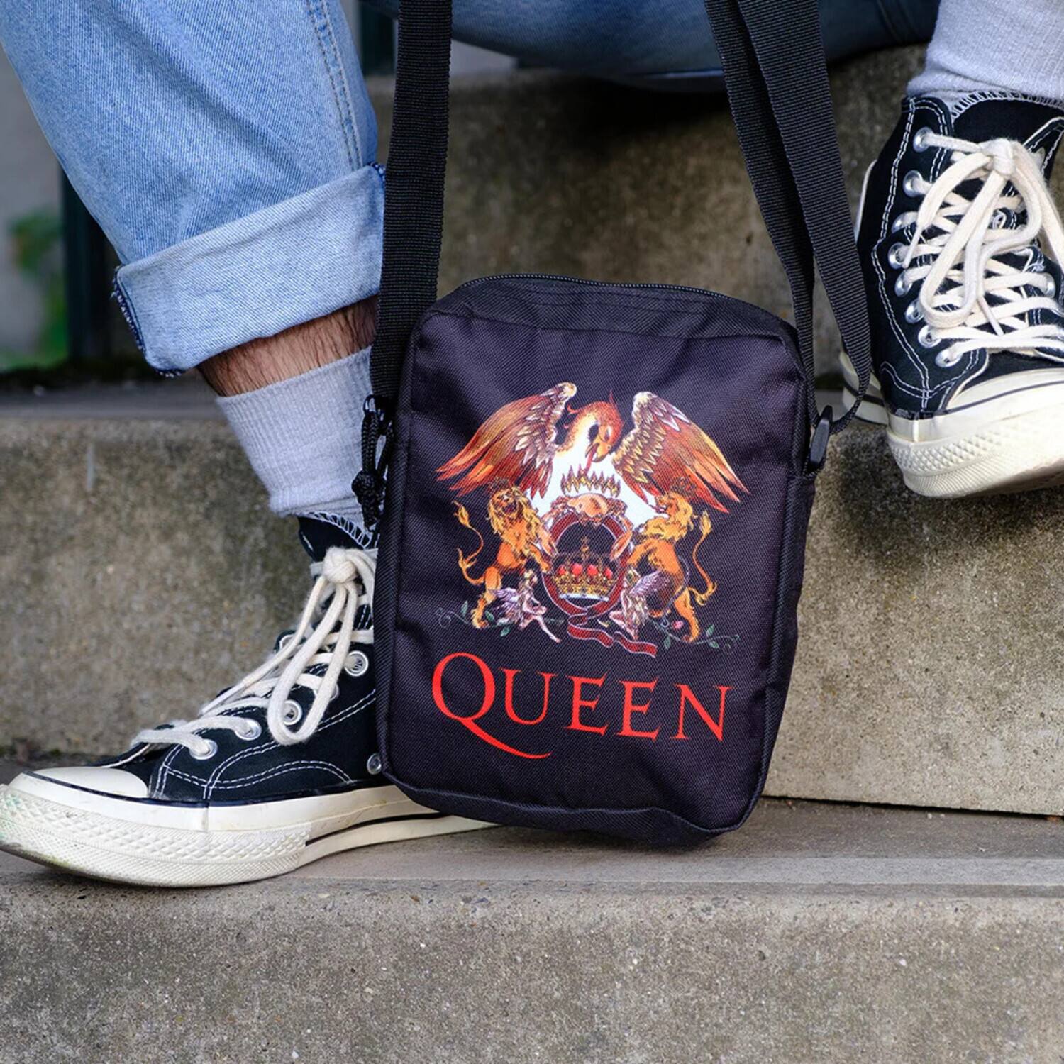 Alt View 1. PopMarket - Queen - Rocksax - Queen - Classic Crest Logo - Crossbody Bag with Stash Pockets (Black) - Multicolor.