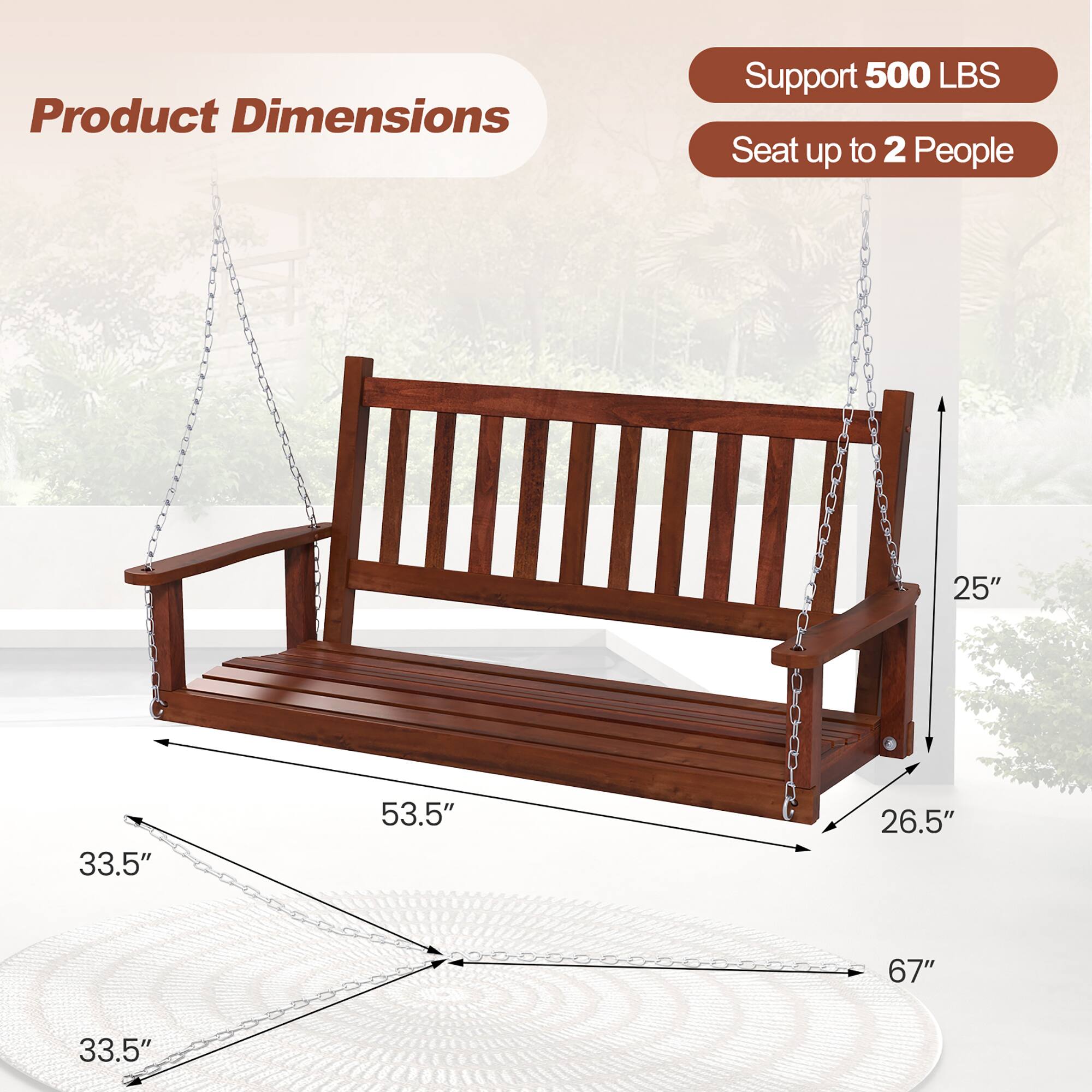 Alt View 2. Gymax - Gymax Wooden Porch Swing 2-Person Hanging Swing Chair w/ Adjustable Galvanized Metal Chains Brown - Brown.