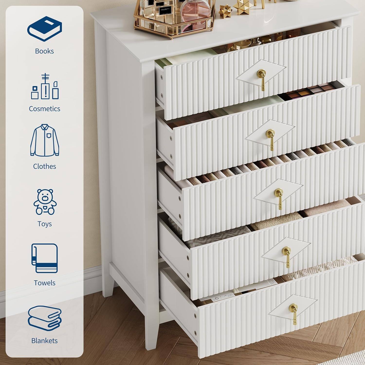 Qeetex - Fluted Dresser for Bedroom 43" Tall, 5-Drawer Modern Wood Chest, Space-Saving Storage Cabinet for Living Room - White