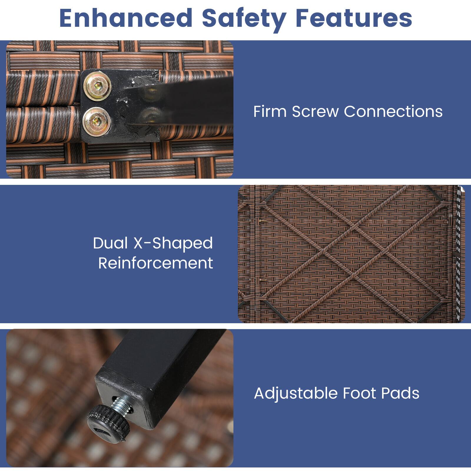 Enhanced Safety Features

- Firm Screw Connections
- Dual X-Shaped Reinforcement
- Adjustable Foot Pads