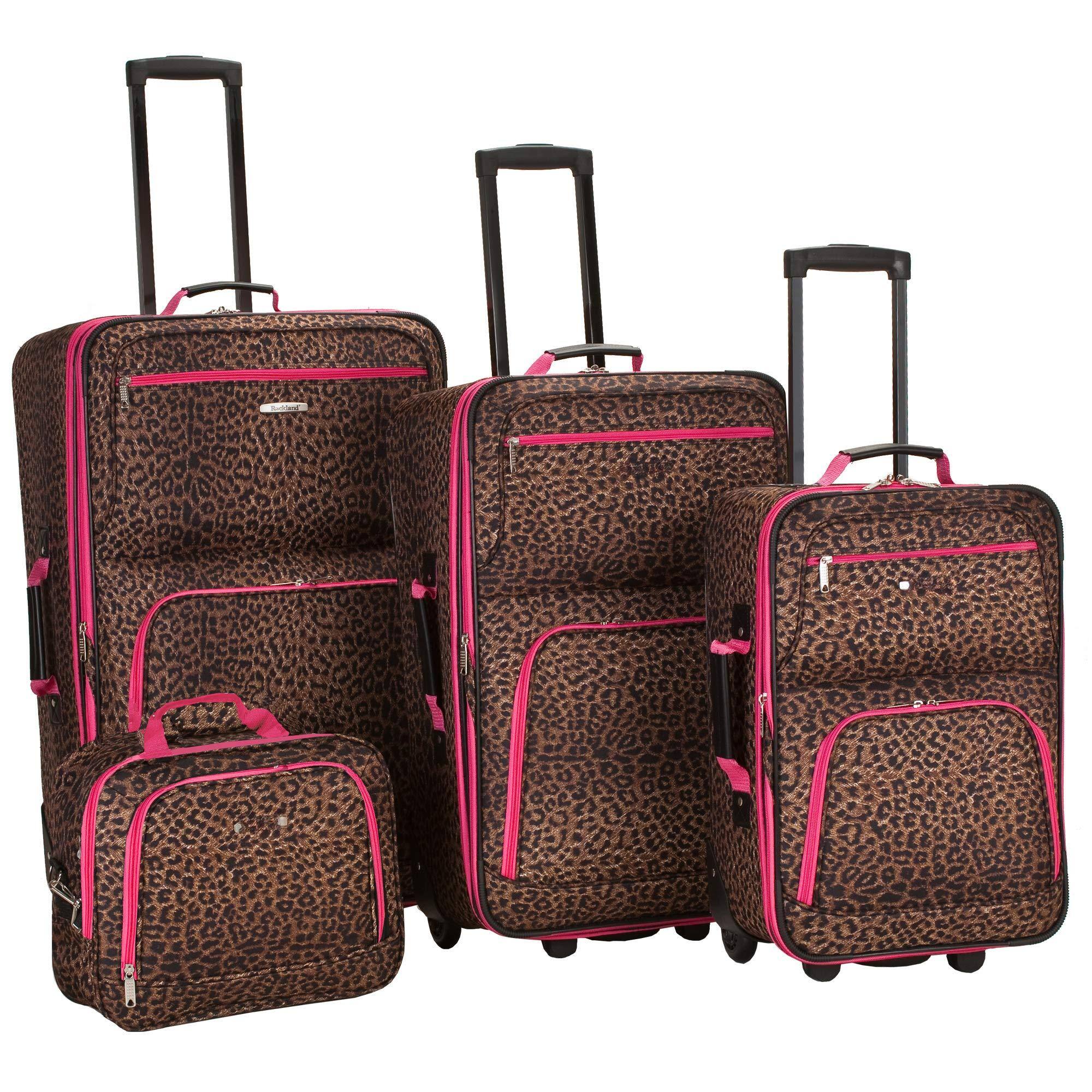 Front. Fabibe - Jungle Softside Upright Luggage Set Expandable Owl 4-piece (14/29/24/28) Carry-on Upright: 20"x 12. 5"x 7. (with - Pink Leopard 4-Piece Set (14/29/24/28).