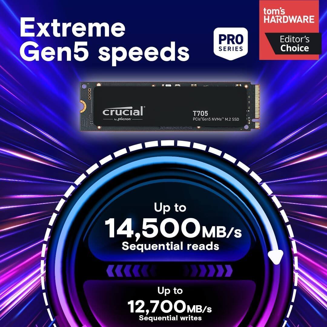 tom's HARDWARE Extreme PRO Editor's Choice Gen5 SERIES Crucial Micron T705 PCIe Gen5 NVMe M.2 SSD Up to 14,500 MB/s Sequential reads Up to 12,700 MB/s Sequential writes