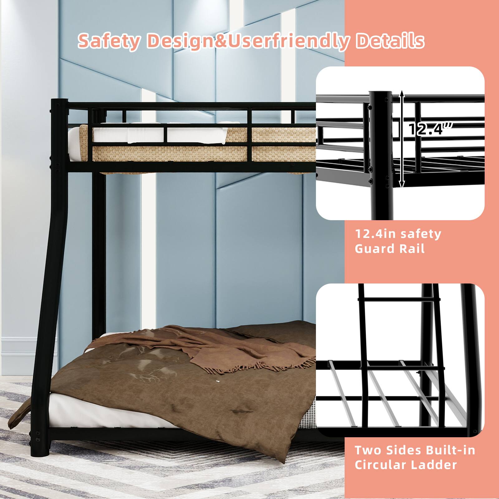 Safety Design & Userfriendly Details

1. 12.4" (12.4in) safety Guard Rail
2. Two Sides Built-in Circular Ladder