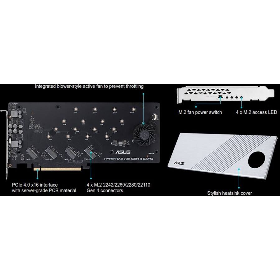 - Integrated blower-style active fan to prevent throttling
- M.2 fan power switch
- 4 x M.2 access LED
- PCIe 4.0 x16 interface with server-grade PCB material
- 4 x M.2 2242/2260/2280/22110 Gen 4 connectors
- Stylish heatsink cover