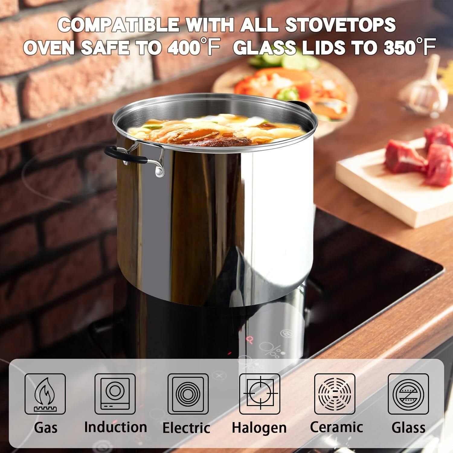 COMPATIBLE WITH ALL STOVETOPS  
OVEN SAFE TO 400°F  
GLASS LIDS TO 350°F  

Gas  
Induction  
Electric  
Halogen  
Ceramic  
Glass