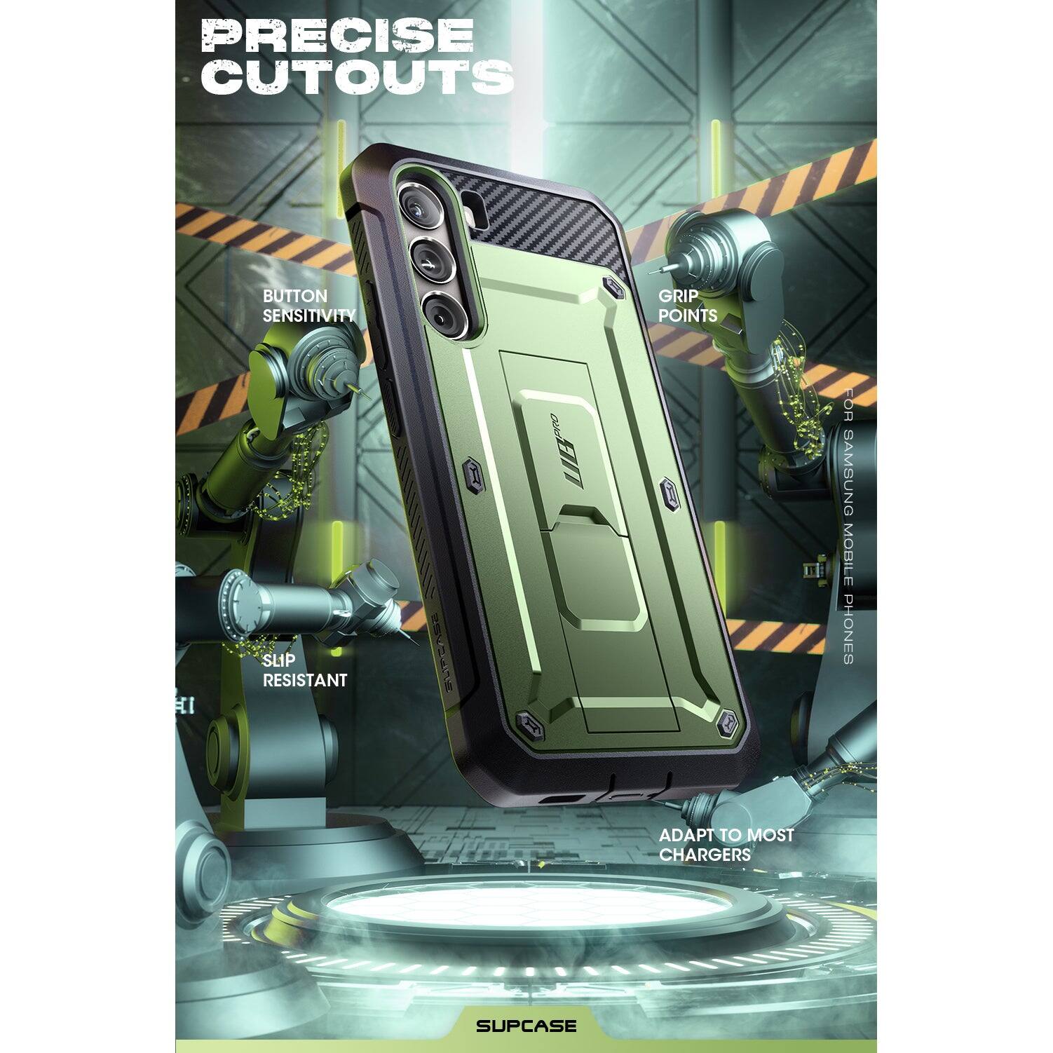 PRECISE CUTOUTS

BUTTON SENSITIVITY

GRIP POINTS

SLIP RESISTANT

ADAPT TO MOST CHARGERS

SUPCASE

FOR SAMSUNG MOBILE PHONES