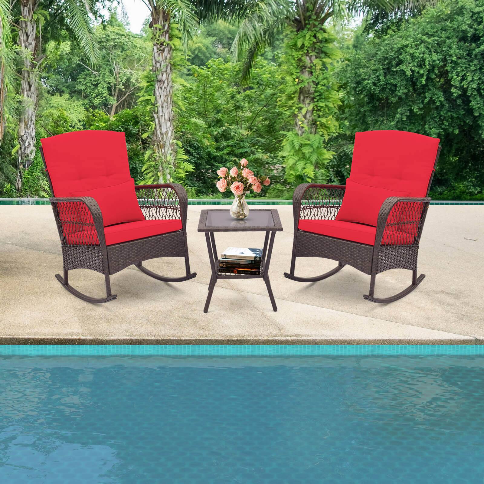 Alt View 3. Costway - 3 PCS Patio Rocker Set Outdoor Wicker Rocking Chairs with Double-Layer Coffee Table - Red.