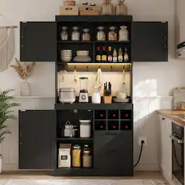 Aheaplus - 72'' Tall Pantry Cabinet with 2 Drawers & Grid Wine Rack, Storage Cabinet with Power Outlets & LED Lights - Black