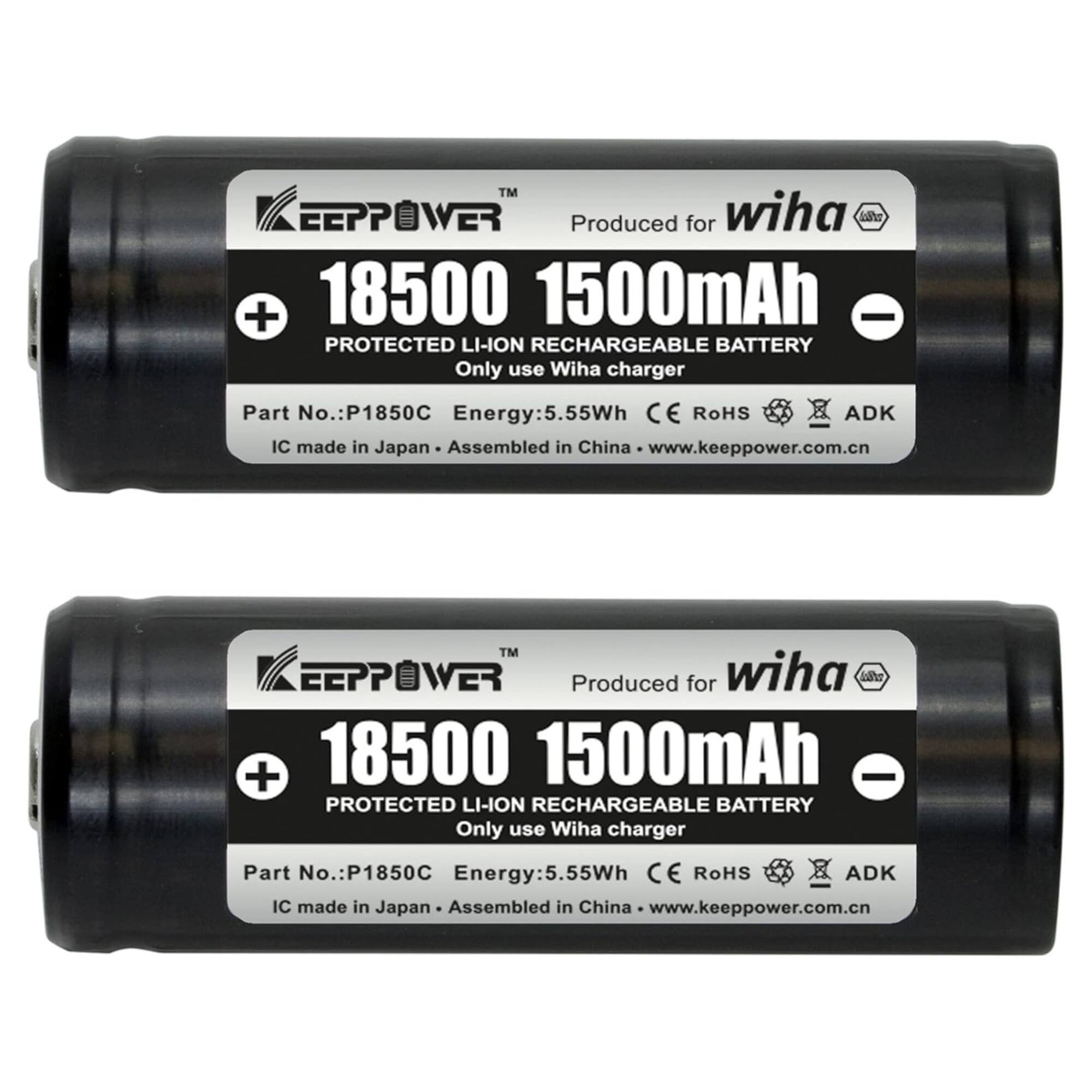 TM KEEP POWER Produced for wiha 18500 1500mAh PROTECTED LI-ION RECHARGEABLE BATTERY Only use Wiha charger Part No.: P1850C Energy:5.55Wh CE RoHS ADK IC made in Japan Assembled in China www.keeppower.com.cn