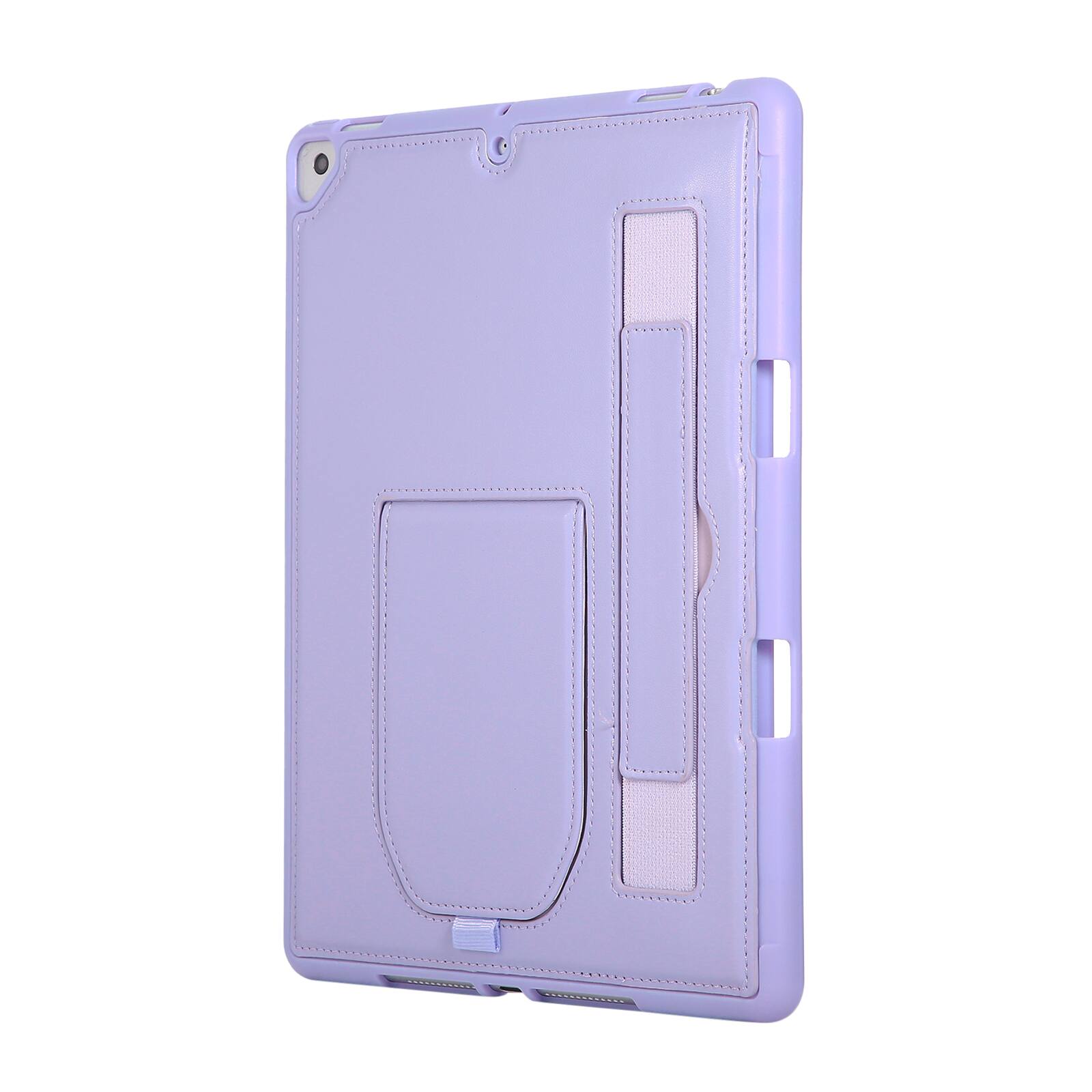 Left. Dteck - Shockproof Case for Apple iPad (9th Generation) 10.2" 2021 with Hand Strap Kickstand, PU Leather TPU Protective Cover - Purple.