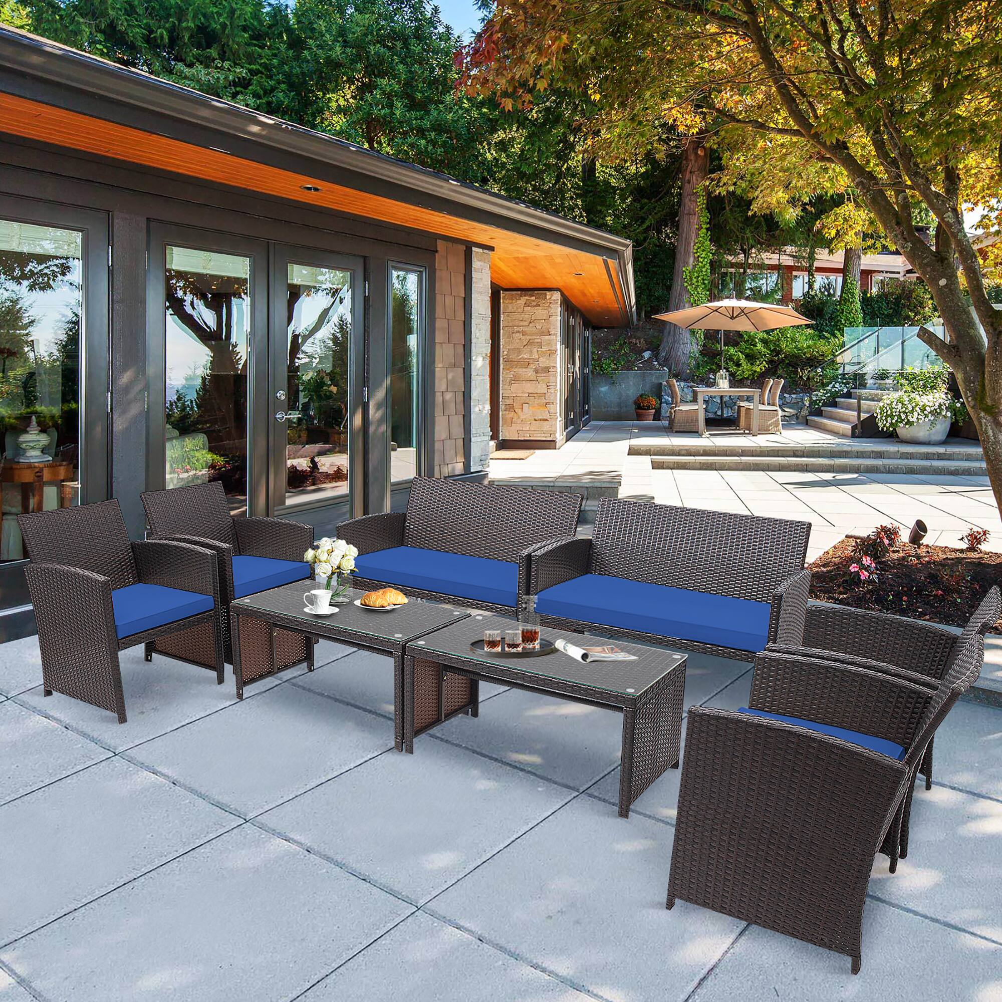 Alt View 1. Costway - Costway 8PCS Patio Rattan Furniture Set Cushioned Chair Sofa Coffee Table - Navy.