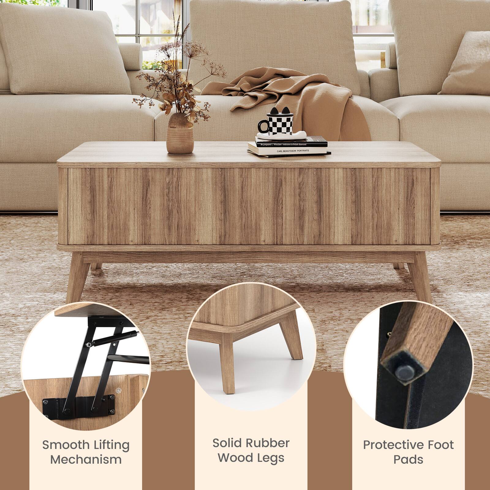 - Smooth Lifting Mechanism
- Solid Rubber Wood Legs
- Protective Foot Pads