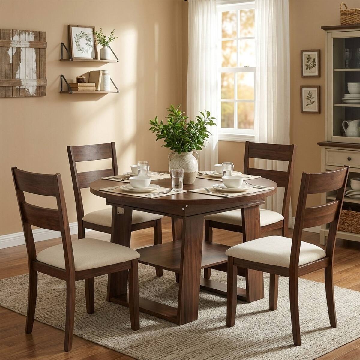 Alt View 1. Loheer - Loheer Extendable Round Dining Table, Walnut, Round-to-Oval Table for 4 to 6 People - Walnut.