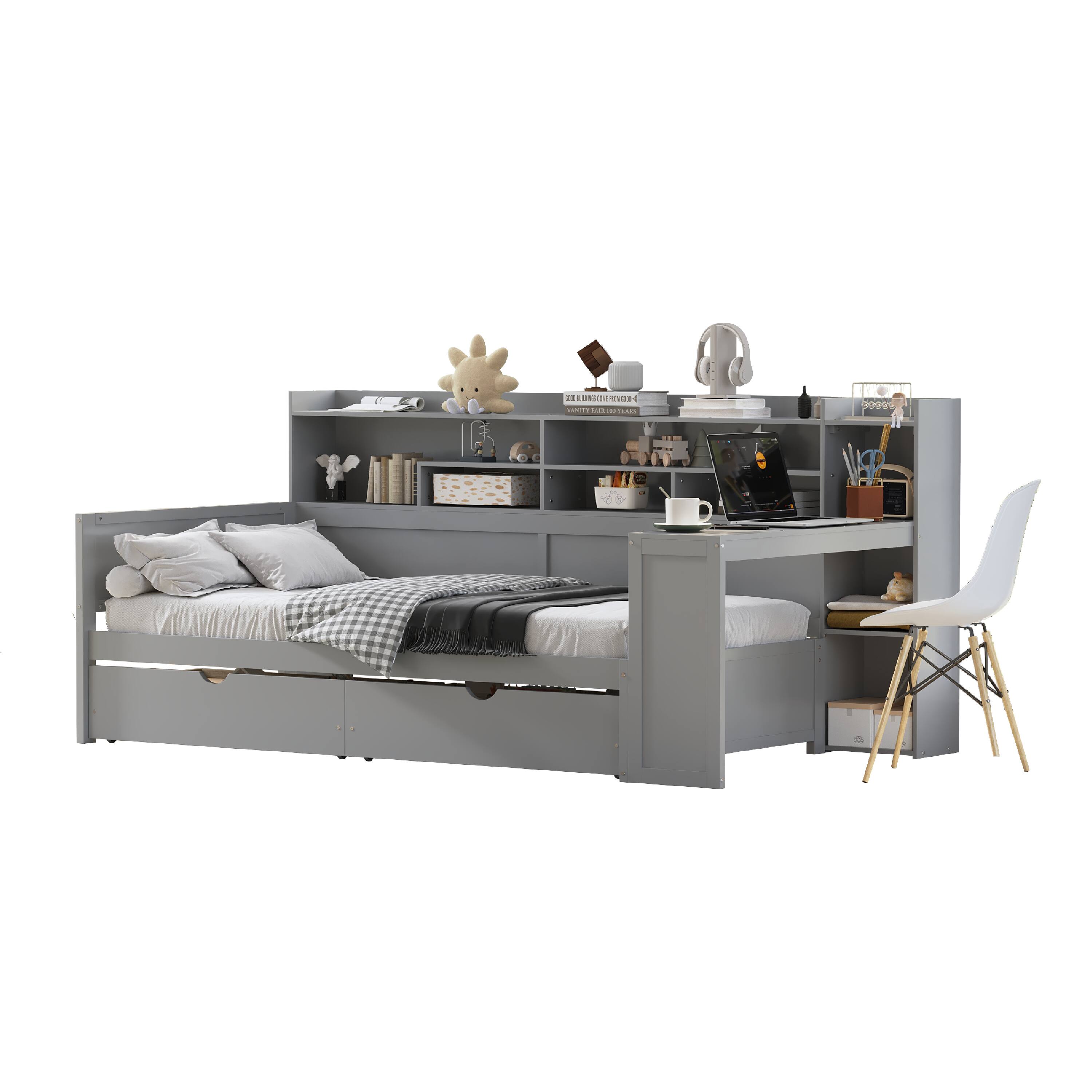 Alt View 2. Tiramisubest - Wooden Twin Size Daybed with Storage Shelves, Multi-functional Bed with Two Storage Drawers and  Study Desk, Gray - Gray.