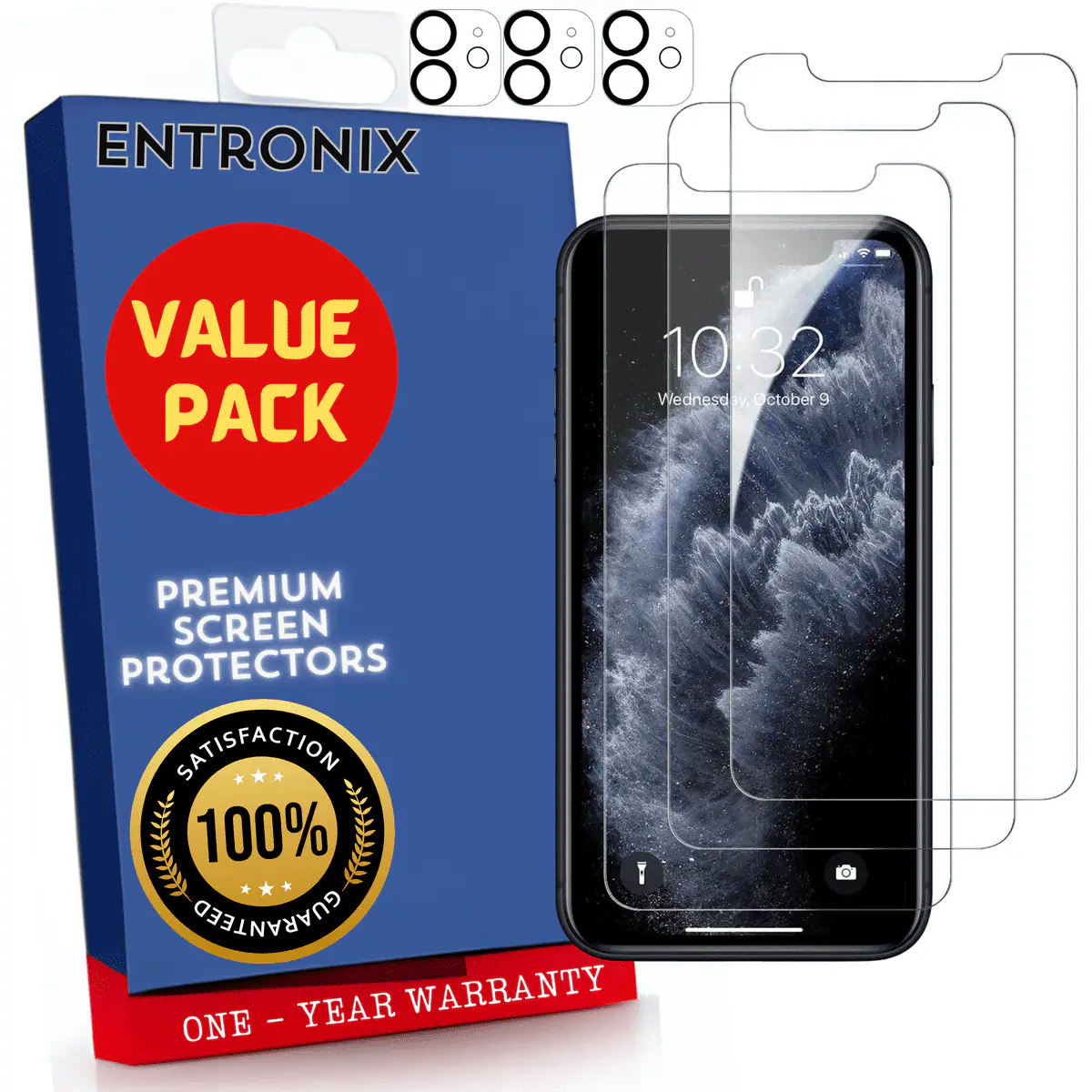 ENTRONIX
VALUE PACK
PREMIUM SCREEN PROTECTORS
SATISFACTION 100% GUARANTEED
ONE - YEAR WARRANTY