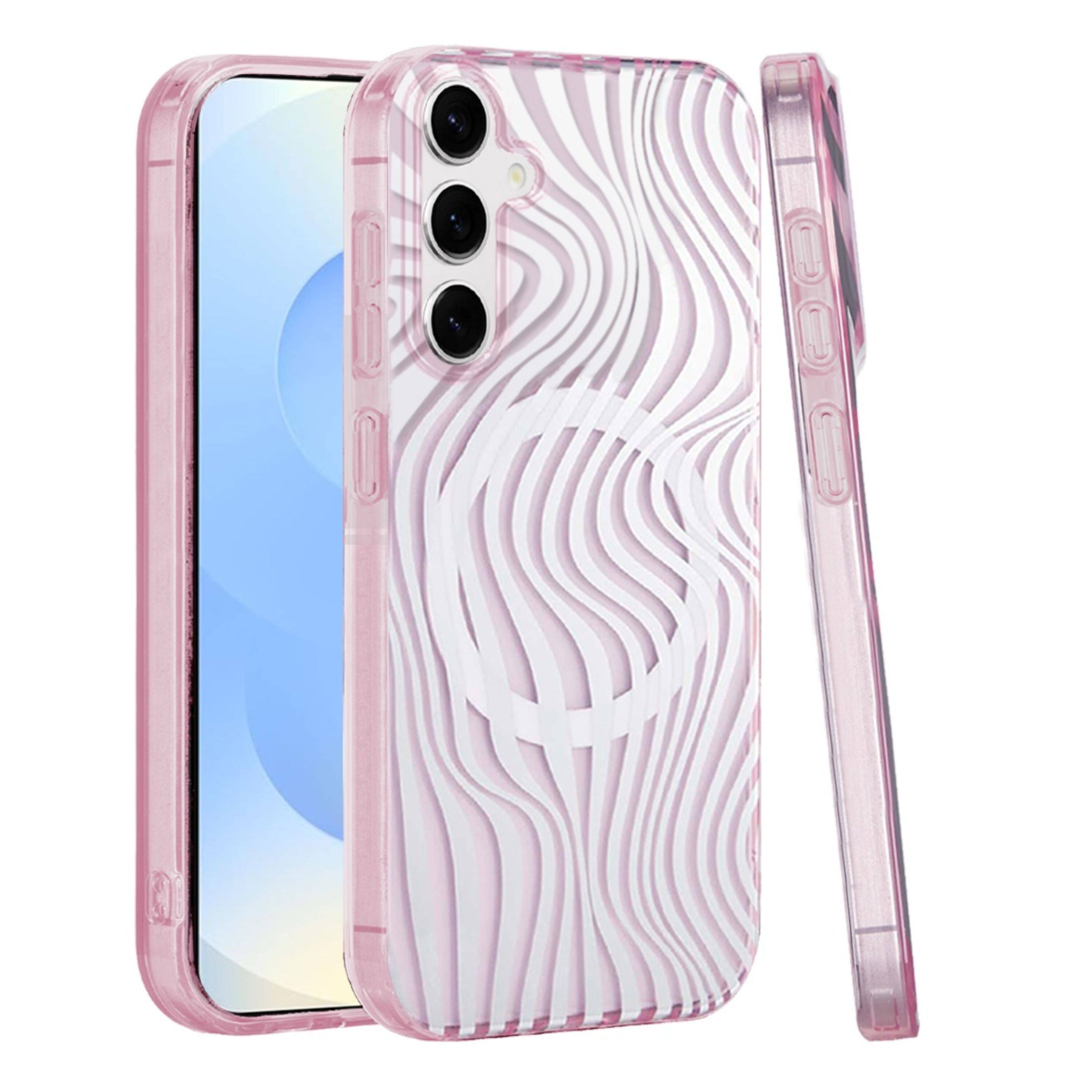 Front. Kitcheniva - Dual Layer TPU Design Case With Magnetic Circle Tempered Glass For Samsung Galaxy S25+/S24+ Wave Pink Zebra Stripes - Pink.