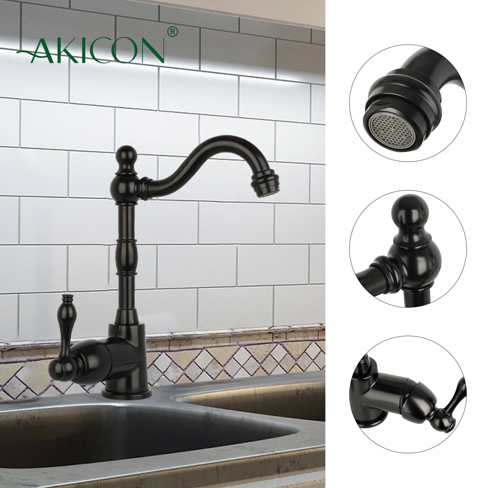 Alt View 2. Akicon - Akicon Solid Brass One-Handle Widespread Kitchen Bar Faucet in Matte Black - Matte Black.