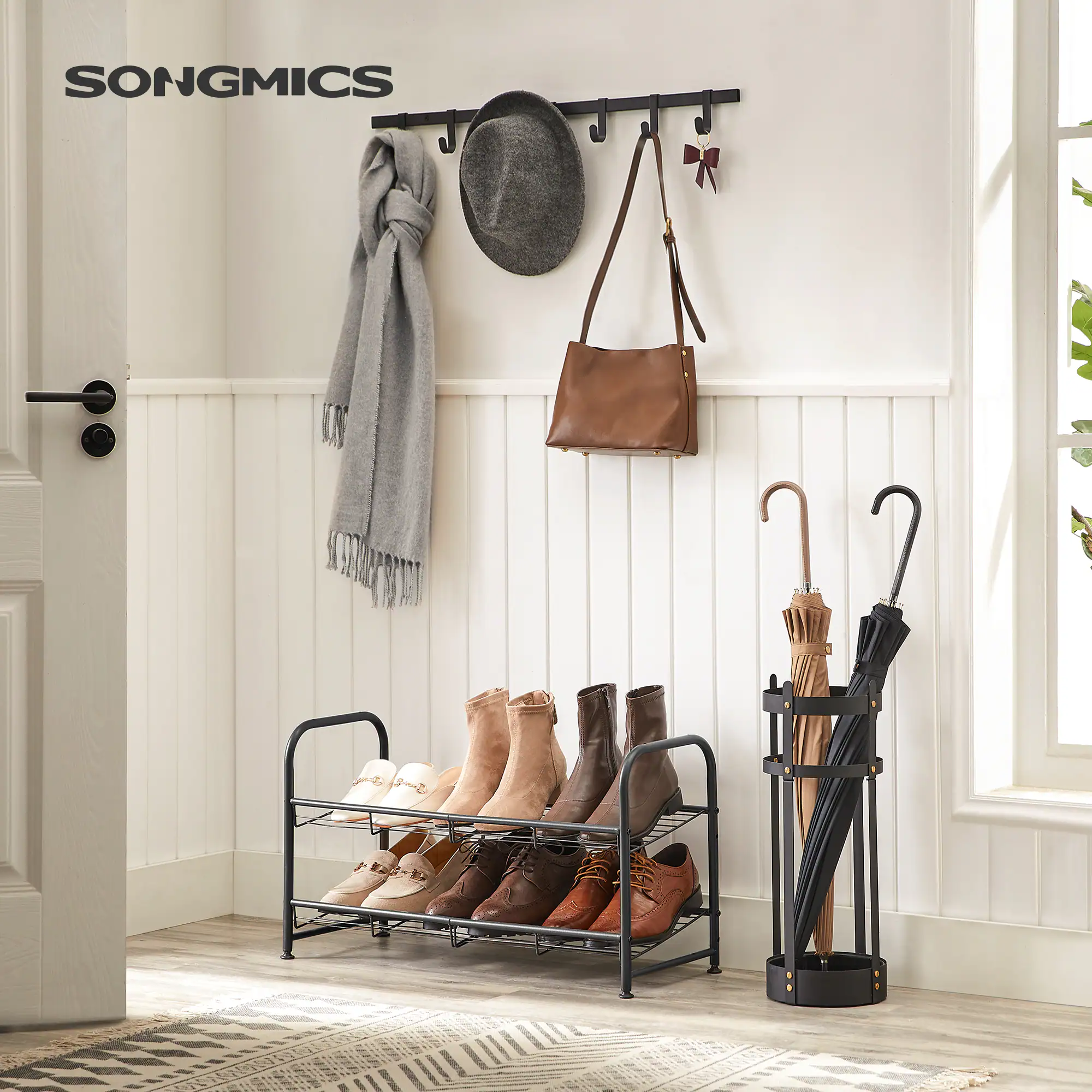 Angle. Songmics Home - Shoe Rack, 2 Tier Shoe Organizer for Closet, Holds up to 8 Pairs of Shoes, Shoe Rack for Front Door Entrance - Black.