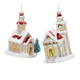 BreeBe - Glittered Glass Church Ornament (Set of 6) - Tan, Red