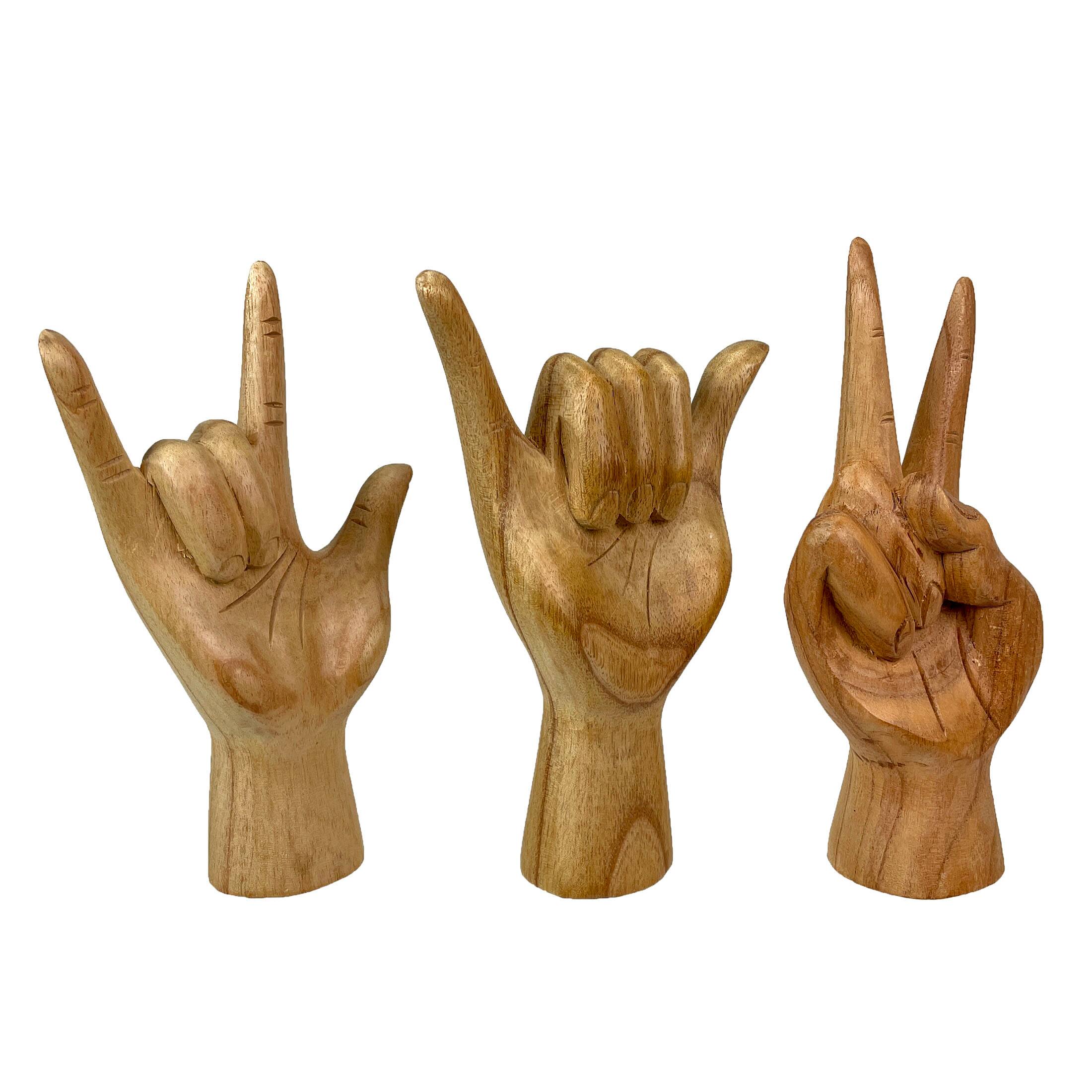 Alt View 1. Zeckos - Set of 3 Wooden Hand Sculptures – Peace, Love You, Hang Loose - Brown.