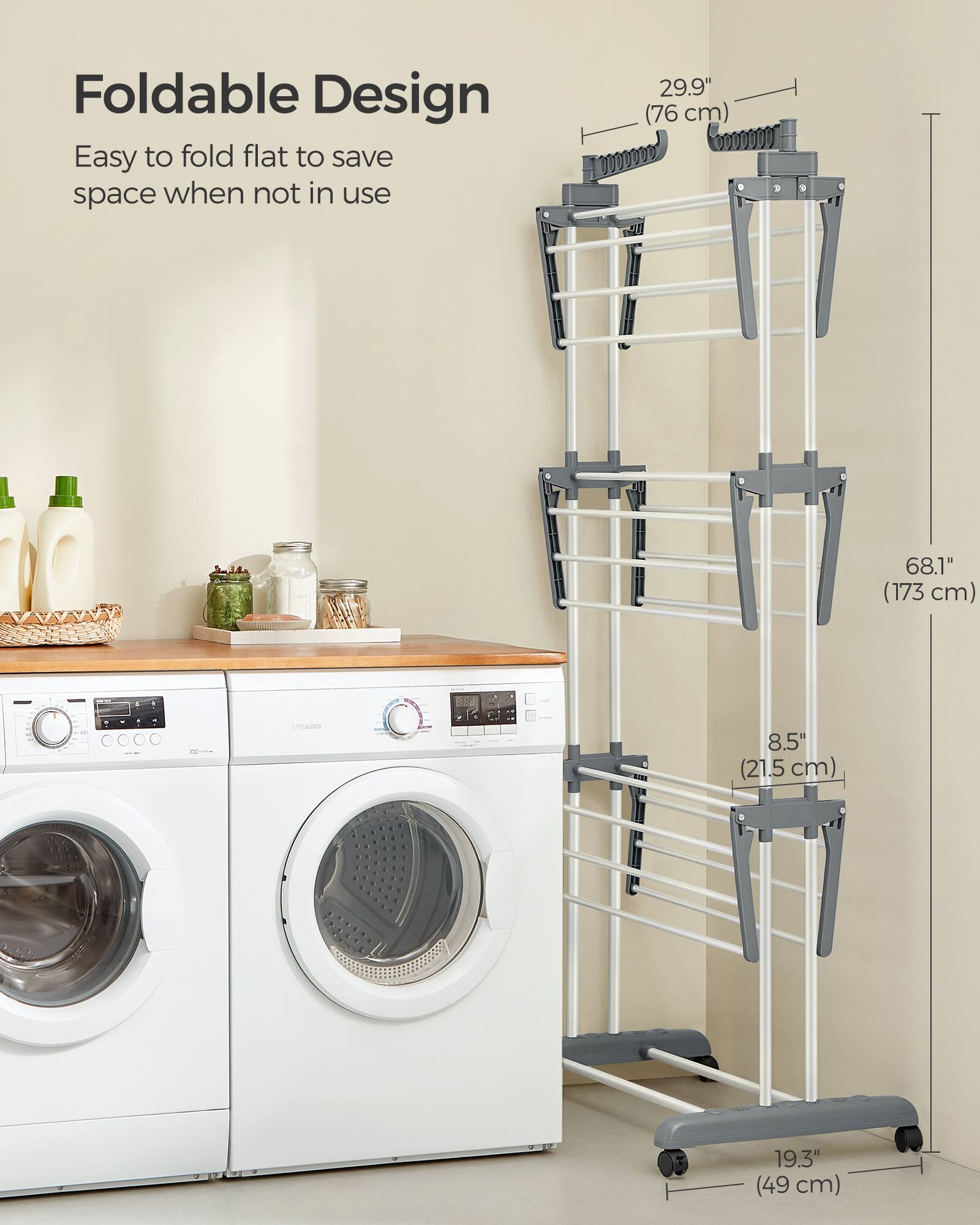 Foldable Design  
Easy to fold flat to save space when not in use  

29.9" (76 cm)  
68.1" (173 cm)  
8.5" (21.5 cm)  
19.3" (49 cm)