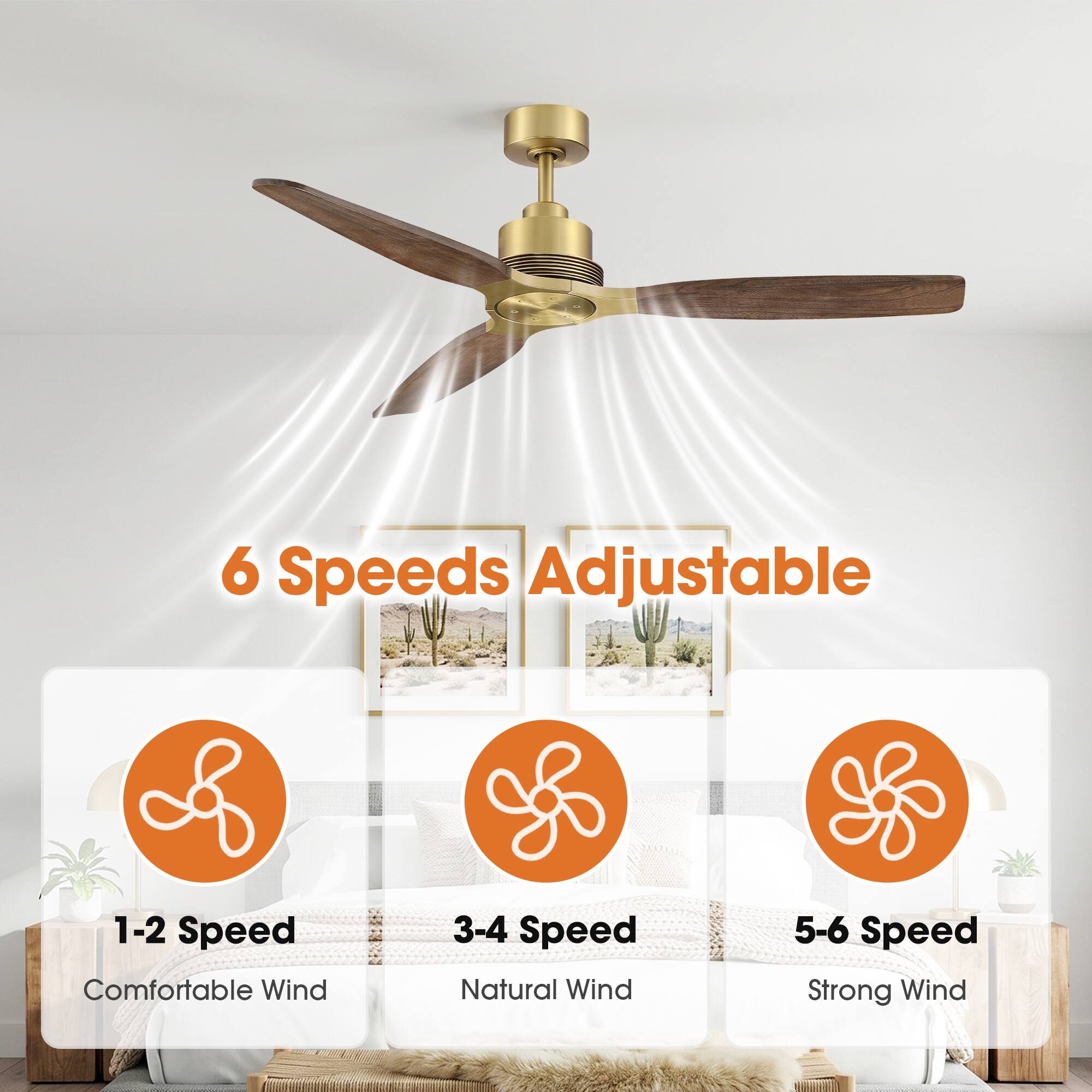 6 Speeds Adjustable  
1-2 Speed: Comfortable Wind  
3-4 Speed: Natural Wind  
5-6 Speed: Strong Wind
