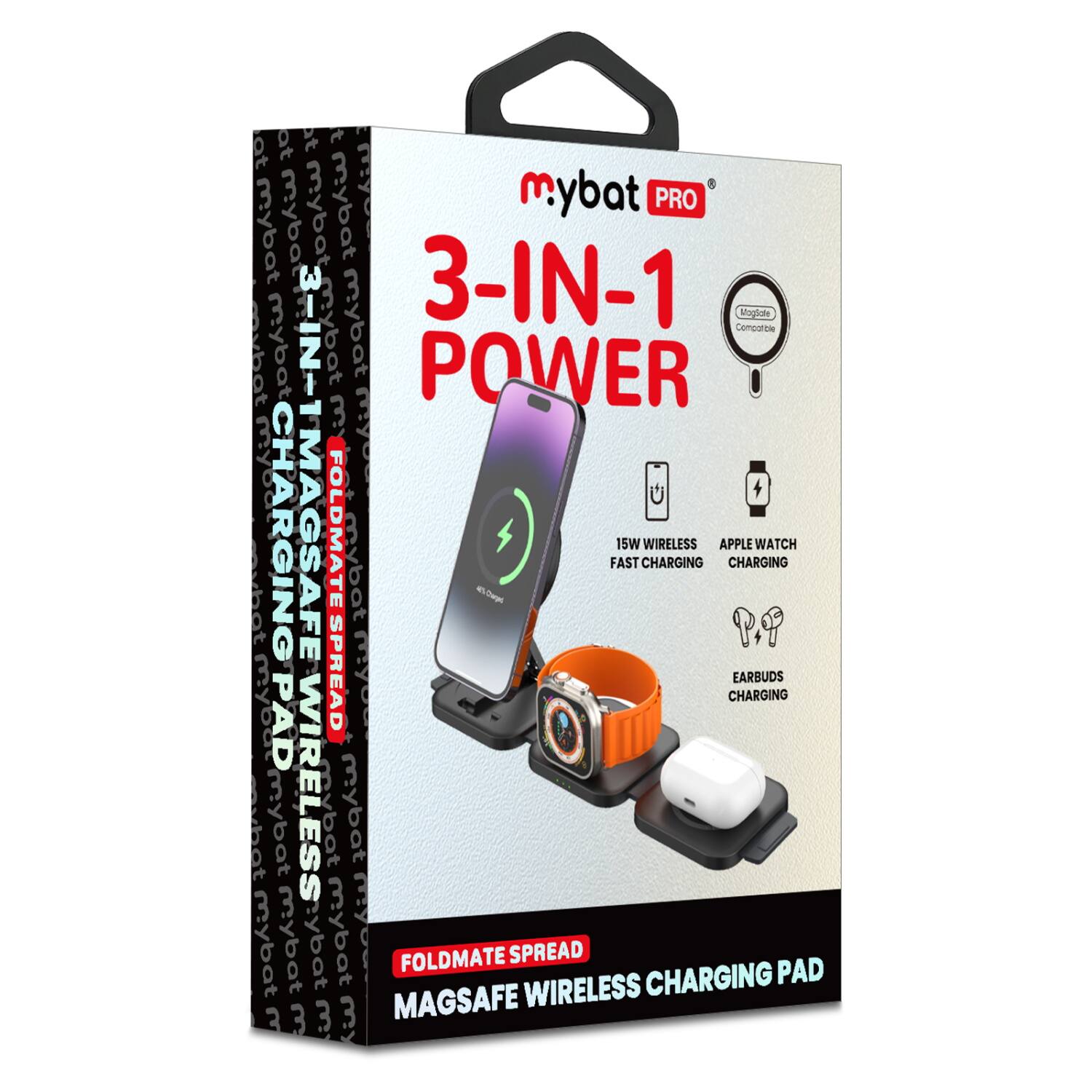 mybat PRO  
3-IN-1 POWER  
FOLDMATE SPREAD MAGSAFE WIRELESS CHARGING PAD  

15W WIRELESS FAST CHARGING  
APPLE WATCH CHARGING  
EARBUDS CHARGING  

MAGSAFE COMPATIBLE