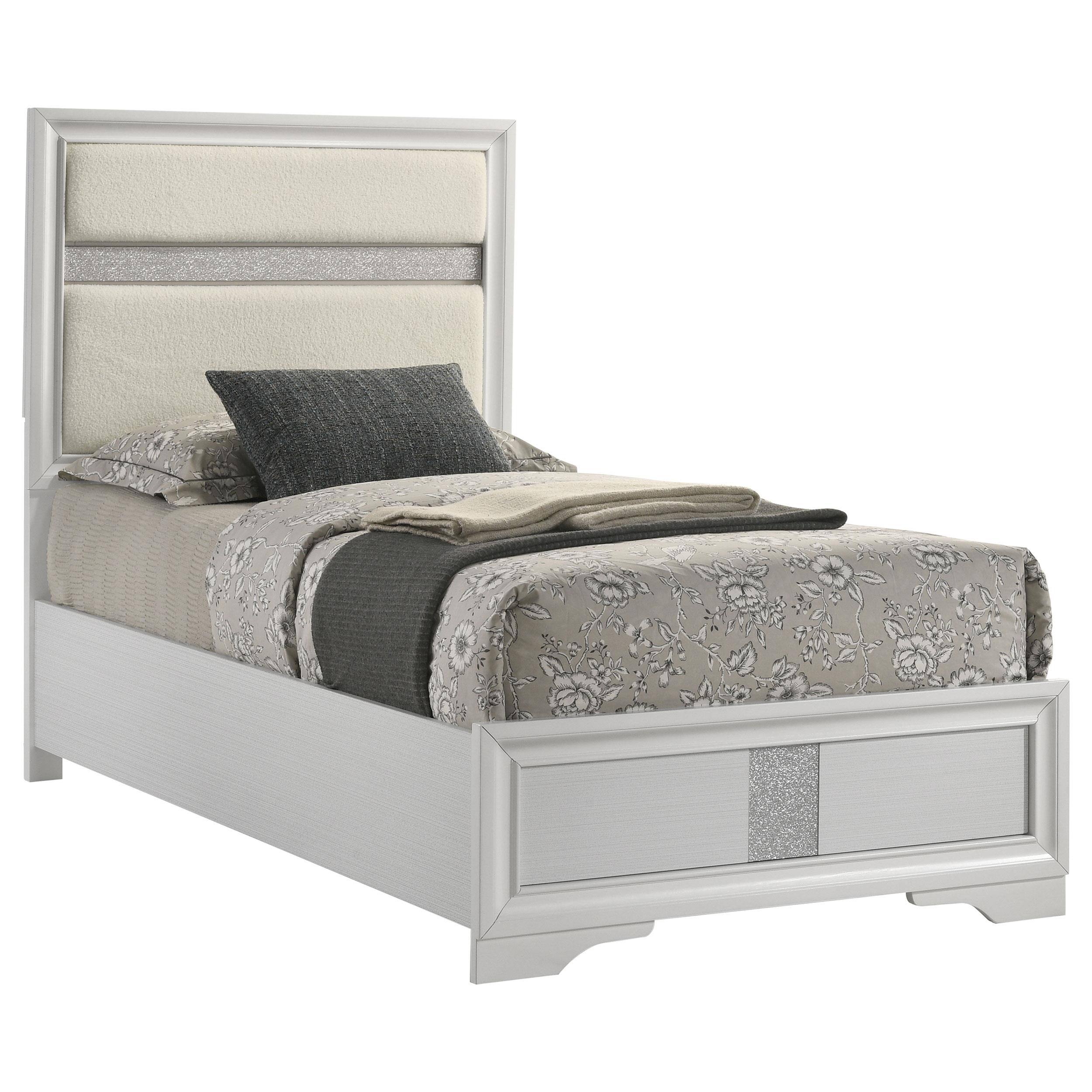 Alt View 1. Manhattan Lane - Vino Twin Size Bed, Panel Headboard, White Upholstery, Glitter Stripes - White.