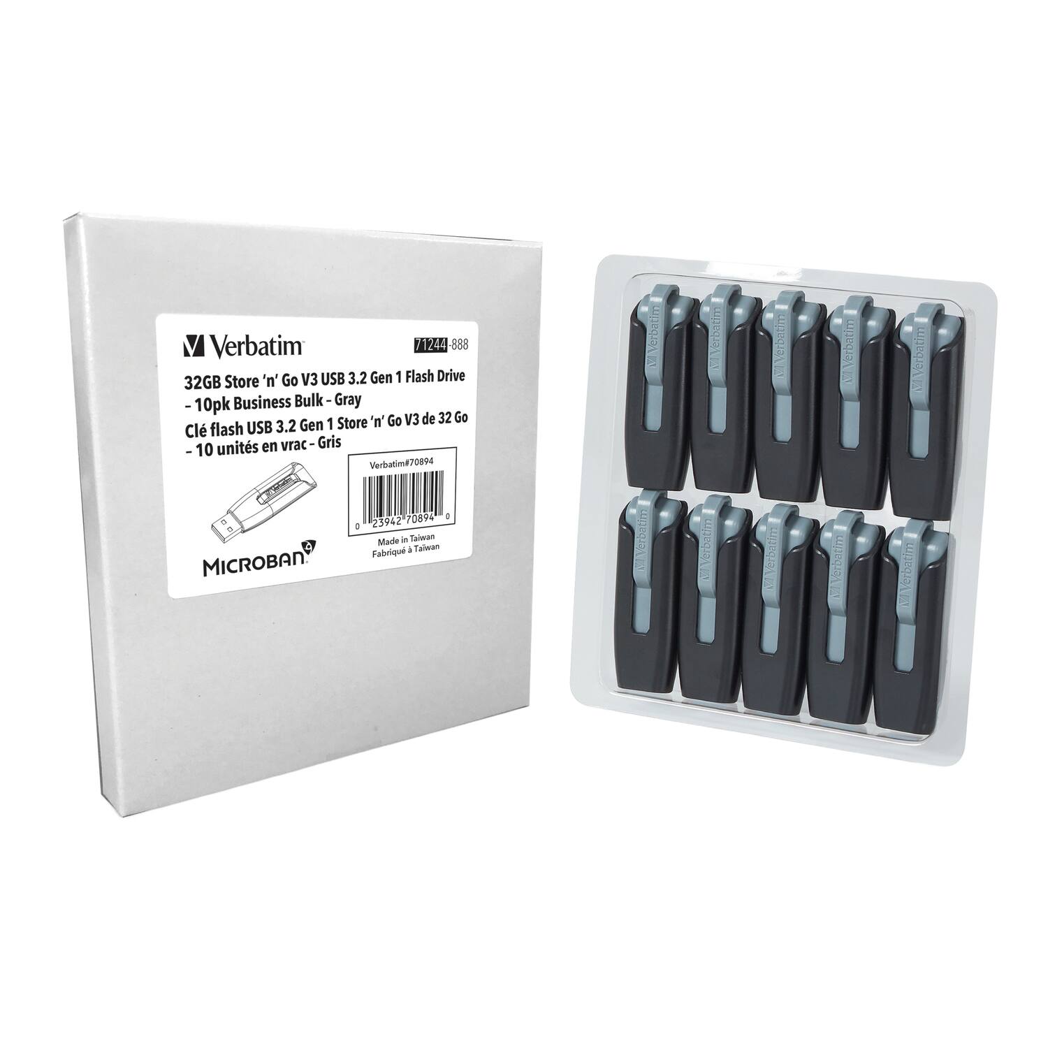 Verbatim  
32GB Store 'n' Go V3 USB 3.2 Gen 1 Flash Drive  
- 10pk Business Bulk - Gray  
Clé flash USB 3.2 Gen 1 Store 'n' Go V3 de 32 Go  
10 unités en vrac - Gris  

Made in Taiwan  
Fabriqué à Taiwan  

MICROBAN®  

Verbatim  
71244 888  
Verbatim708094  
0 75027 07094 0