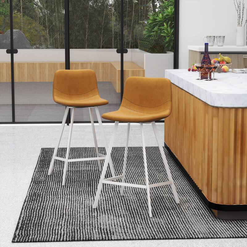 Alt View 3. LeisureMod - Elland 24-Inch Counter Stool with White Base, Modern Upholstered Leather Counter Height Barstool Set of 2 - Light Brown.